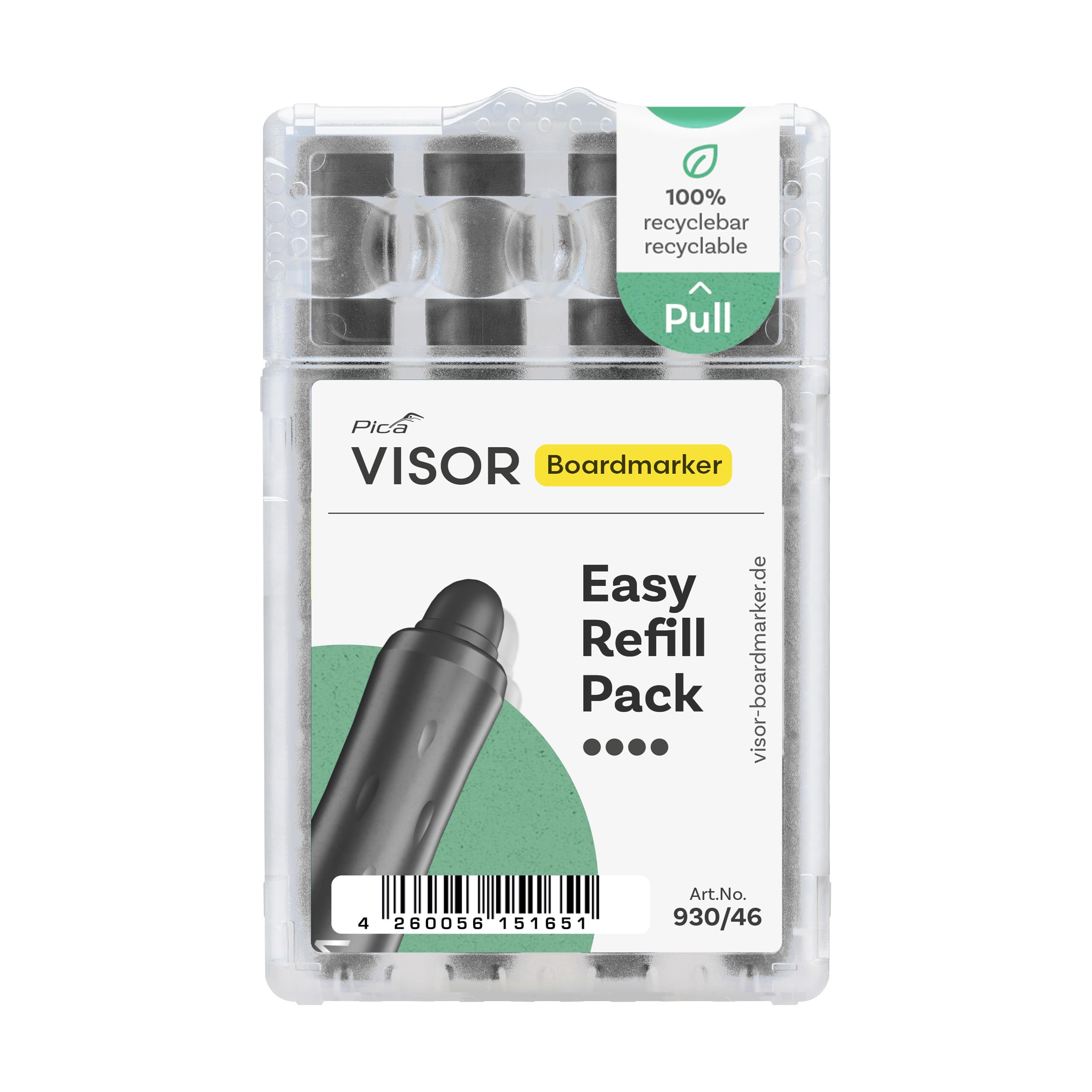 Pica Visor - Juego de 5 rotuladores para pizarra (5 unidades, 5 estuches de 4 minas, minas de gel sostenibles y ecológicas, nunca se seca, se pueden quitar sin dejar residuos, para pizarras blancas