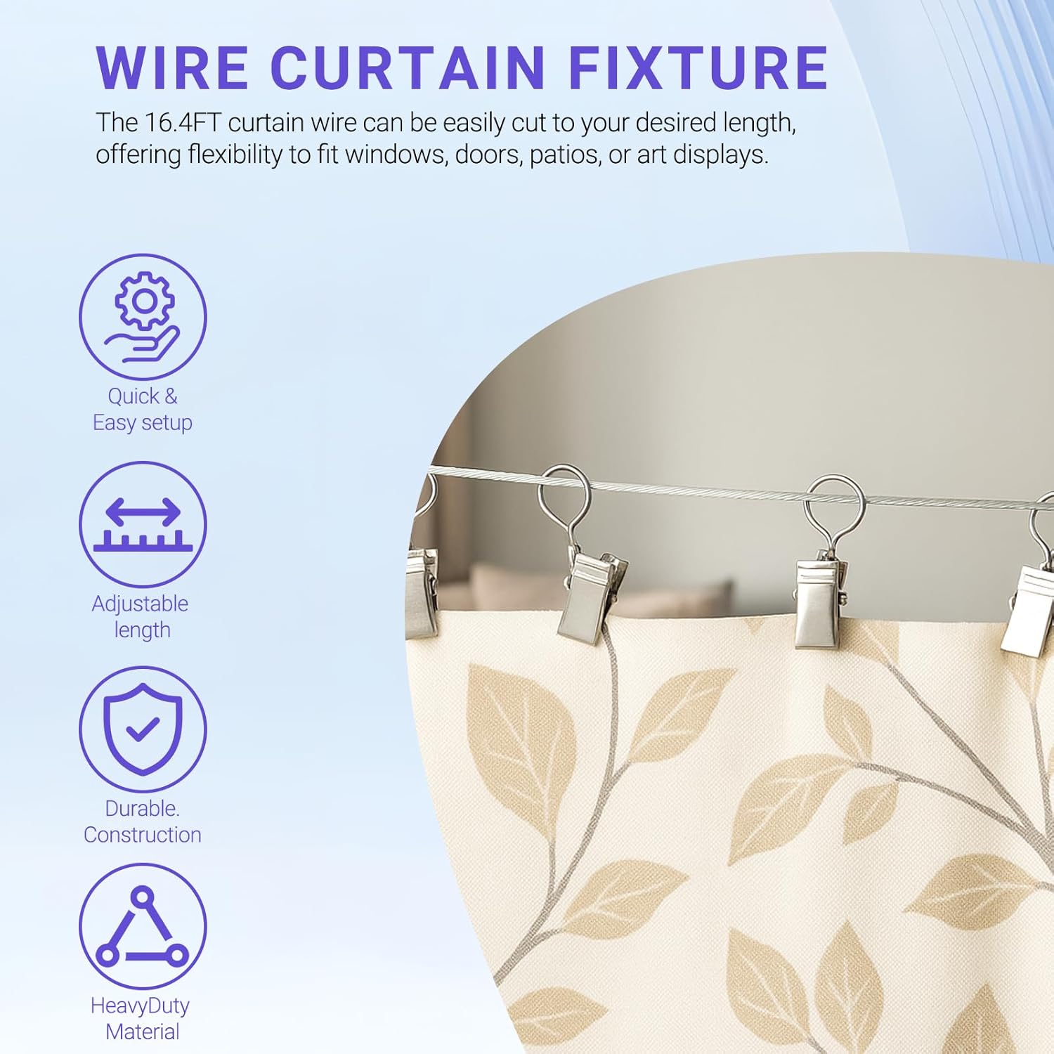 Wall Mount Curtain Wire Rod Set 16.5ft with 20 Clips – Stainless Steel Hanging Wire for Curtains, Photos, Notes, Artwork, and String Lights