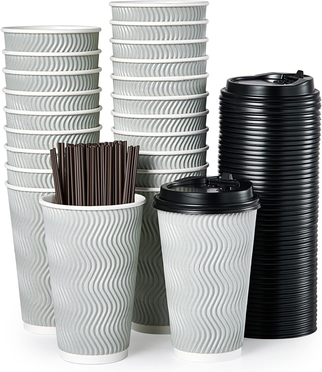MUCHII 16 oz Disposable Coffee Cups, 80 Count 16 oz Paper Coffee Cups With Lids & Straws, Insulated Ripple To Go Coffee Cups 16 oz for Tea, Hot Chocolate and Drinks (Silver grey)
