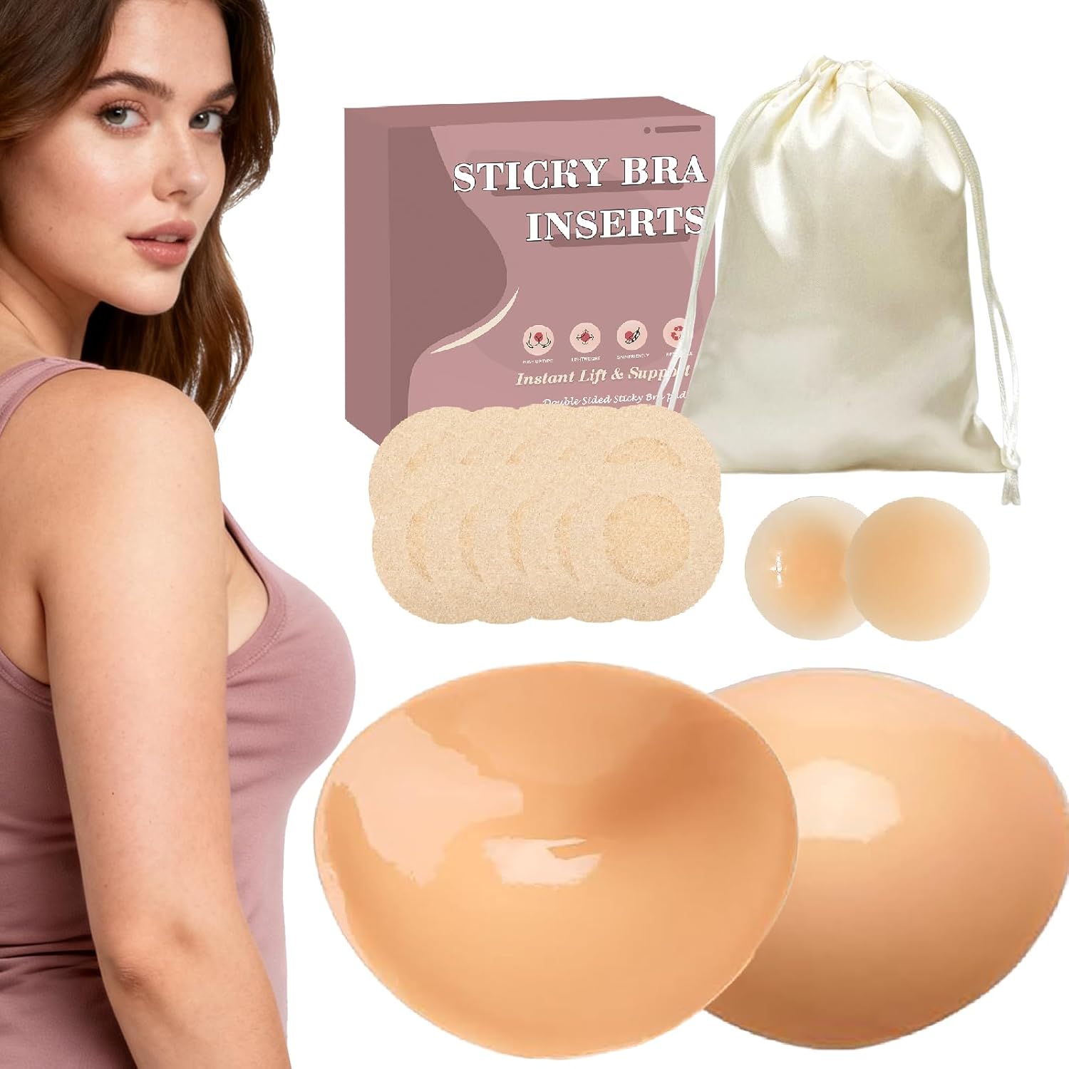 Double Sided Sticky Bra Inserts | Natural Push Up Adhesive Bra Pads | Stick on Bra for Bikini Swimsuits