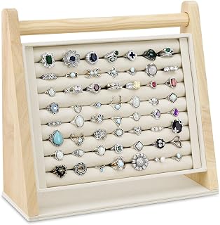 MOOCA Wooden 8-Slot Ring Rack Display Stand, Ring Holder Stand with Beige Suede, Jewelry Organizer for Store Showcase, Home Storage, Beige Color, 11.4W x 4.3D x 10.6H in