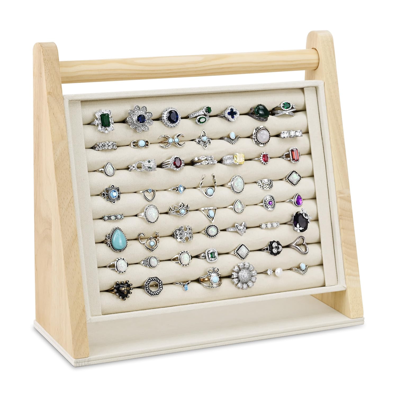 MOOCA Wooden 8-Slot Ring Rack Display Stand, Ring Holder Stand with Beige Suede, Jewelry Organizer for Store Showcase, Home Storage, Beige Color, 11.4W x 4.3D x 10.6H in
