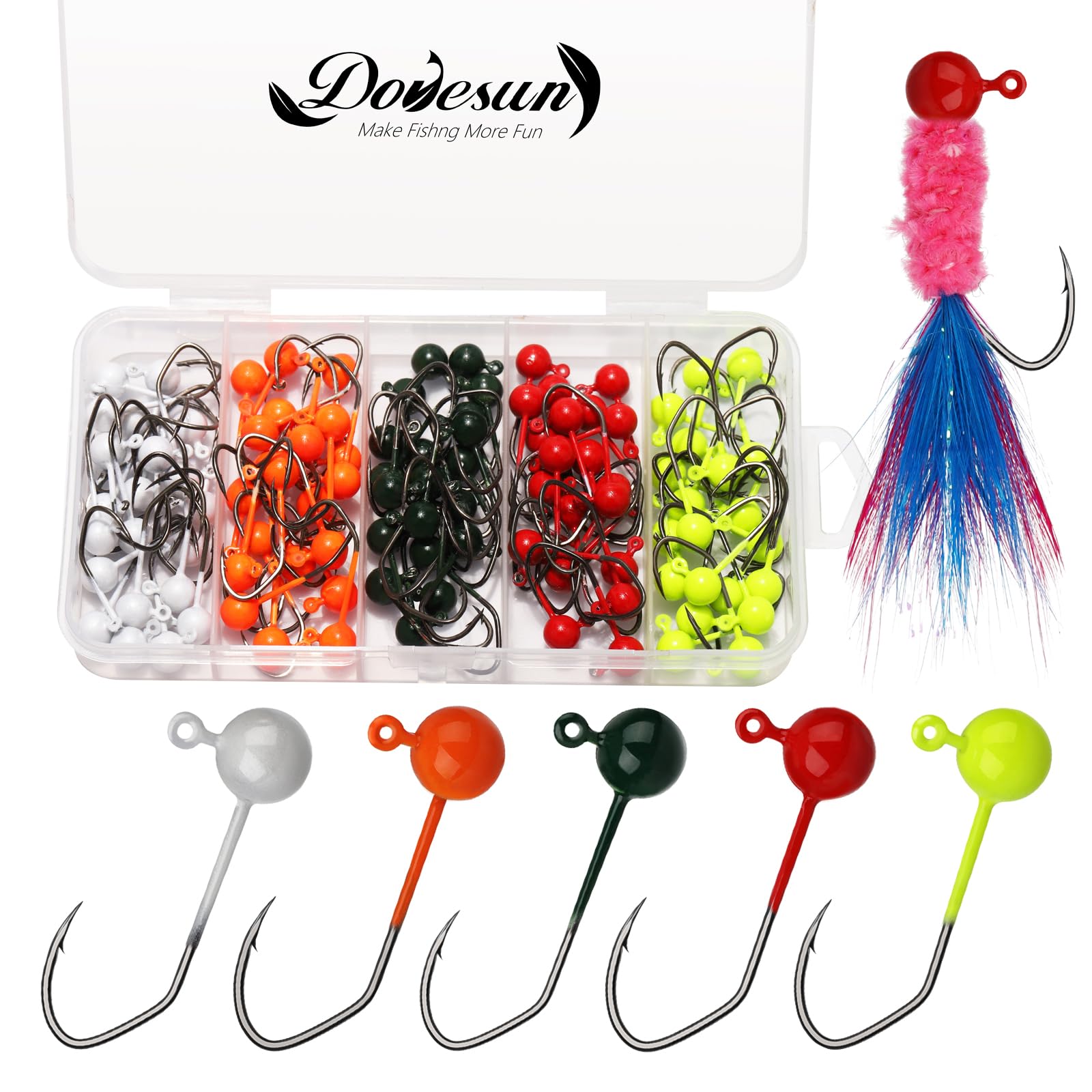 Dovesun 100pcs Fly Tying Jigs Kit, Jig Heads for Fly Fishing 1/124oz 1/80oz 1/64oz 1/32oz 1/16oz Jig Head Small Fly Fishing Hooks DIY Lure Making Kit Suit for Tying Flies | Crappie Lures