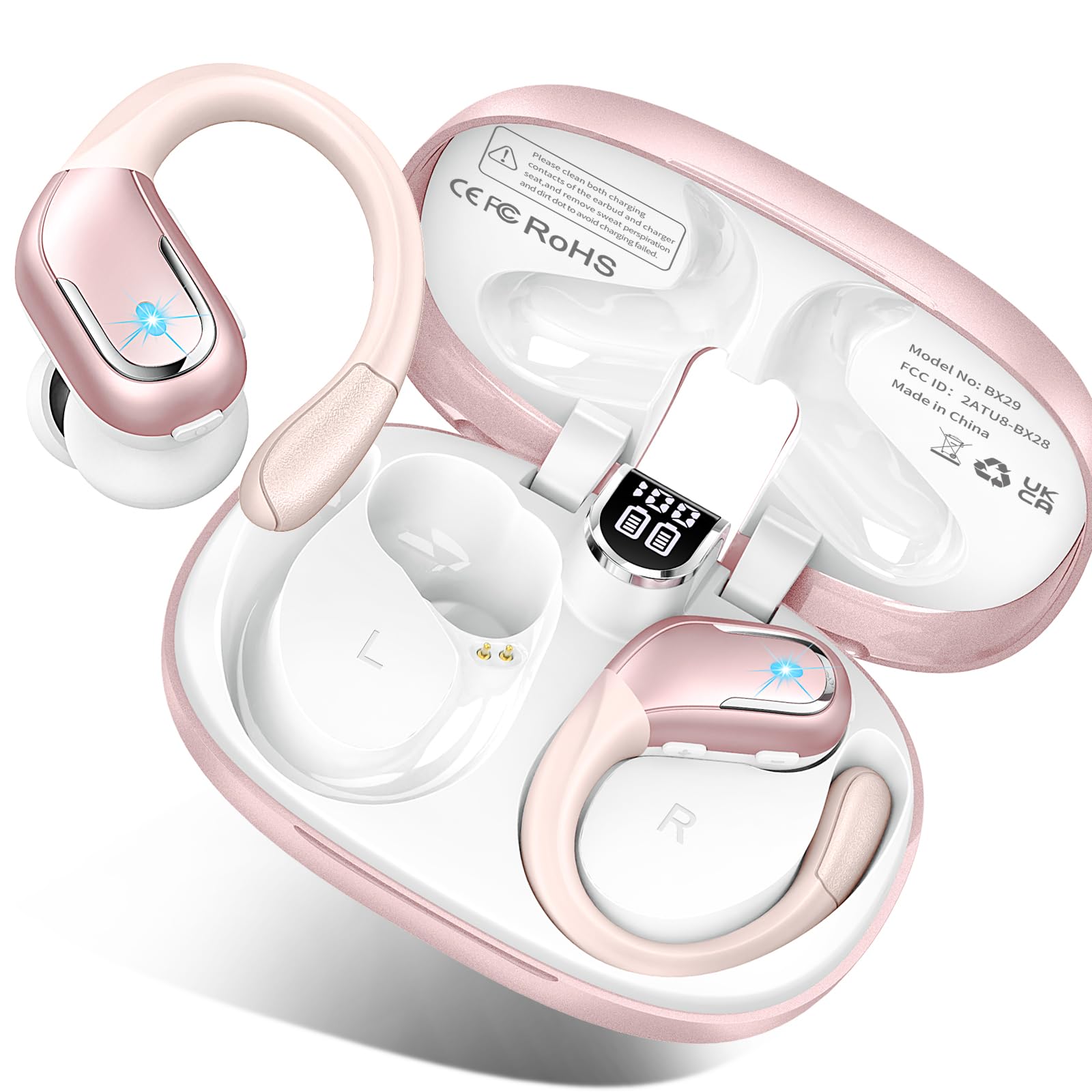 Wireless Earbuds, Bluetooth 5.3 Headphones Sport, 75H Hi-Fi Stereo Wireless Earphones with 4 ENC Noise Canceling Mic, IP7 Waterproof Ear Buds with Earhooks, LED Display Bluetooth Earbuds, Rose GoldClimatePartner certifiedCarbonfree Certified
