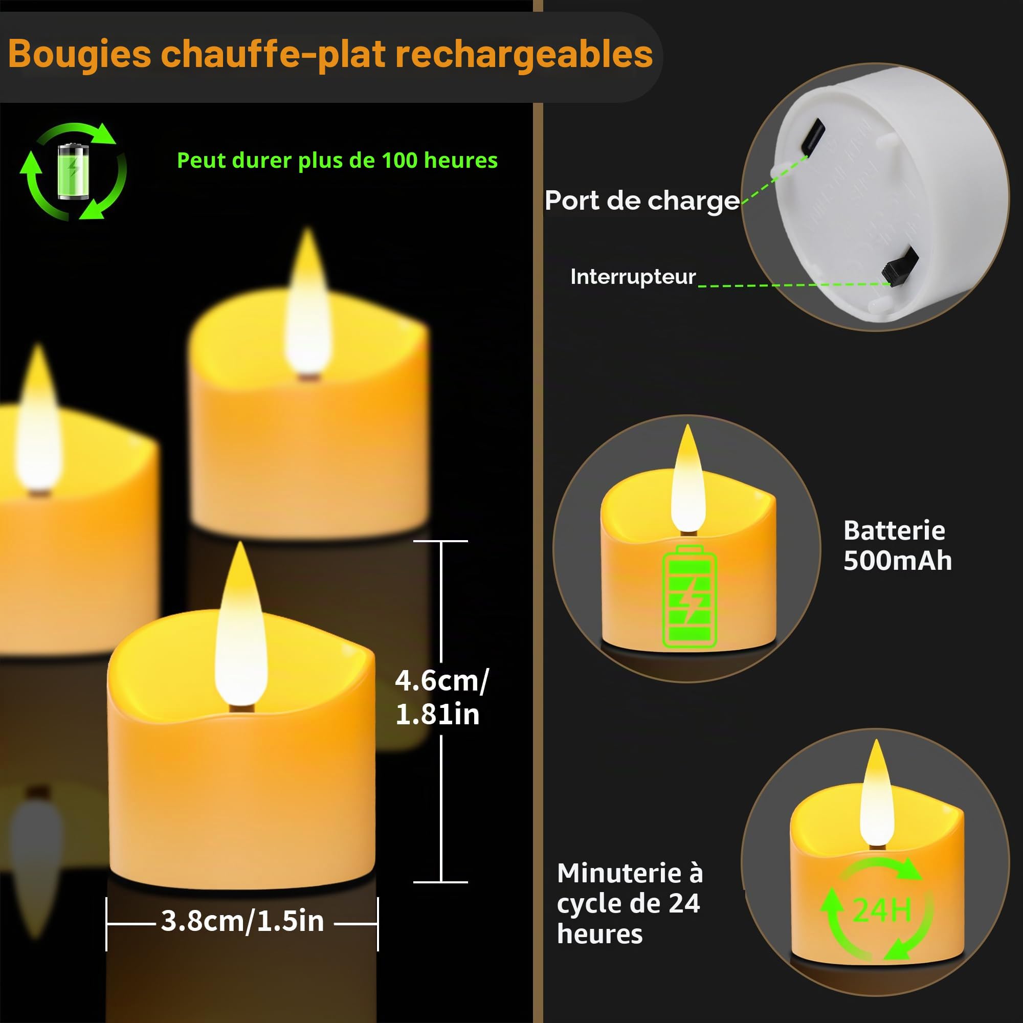 daphomeu 12 Bougie LED Rechargeable Avec Station de Charge, Bougie Chauffe Plat Sans Flamme Avec Minuterie et Télécommande, Fausses Bougies Pour Noël, Halloween, Mariage, Décoration d'Intérieur
