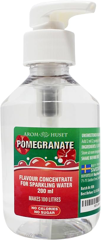 Aromhuset Pomegranate Sparkling Water Flavouring Drops 200ml - With Pump Bottle - Makes 100 Litres with 1-500 - Zero Sugar & No Calories - Just Add 2 Pumps to 1 Litre Sparkling Water
