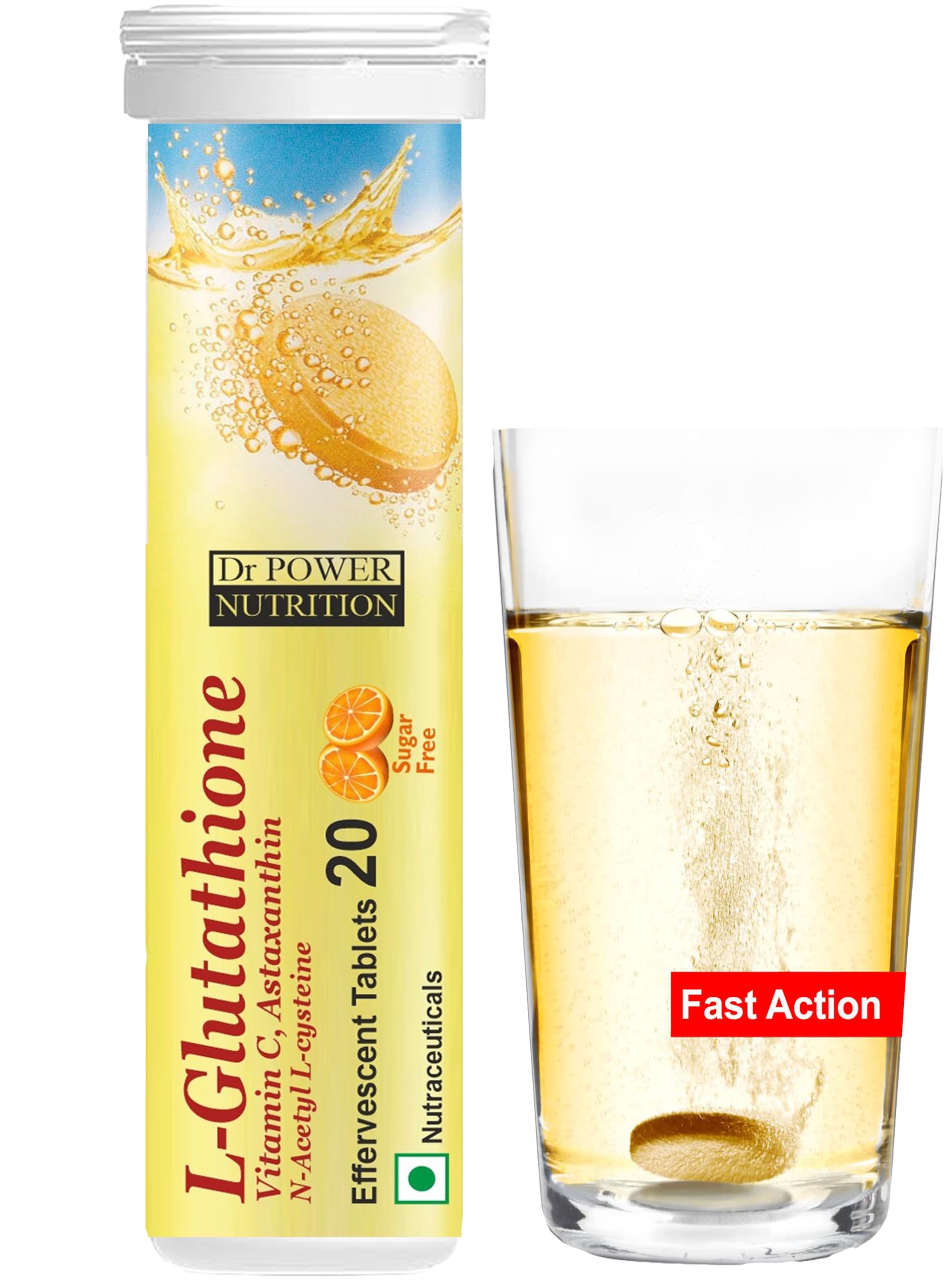 Dr Power Nutrition L-Glutathione 500mg Vitamin C effervescent tablets 20 skin brightening Glow | Safe & Veg