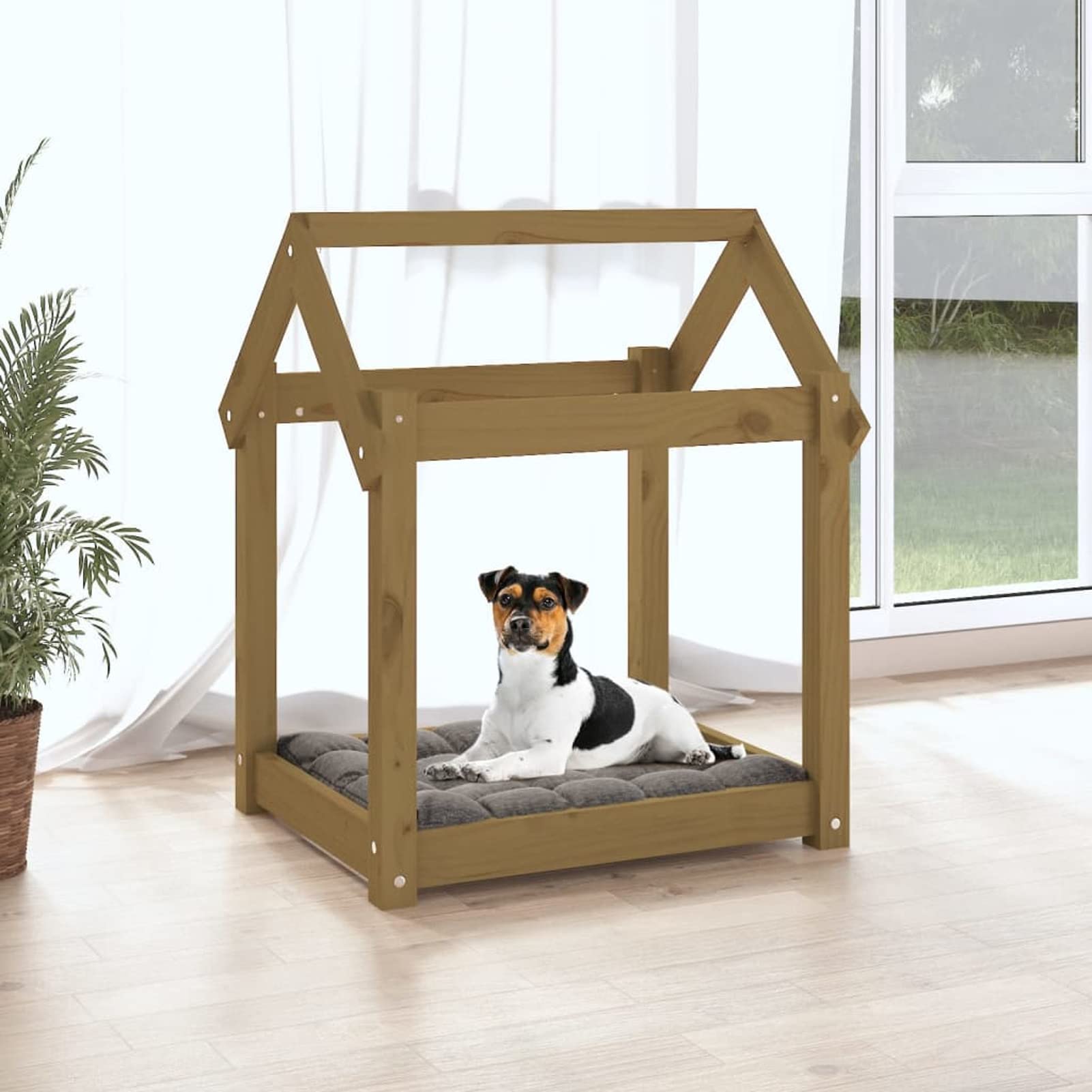 Cama para Perros Madera Maciza Pino marrón Miel 61x50x70 cm, Colchon Perro, Cuna Perro, Cama Mascota, Dog Bed, Cama para Perros Y Gatos