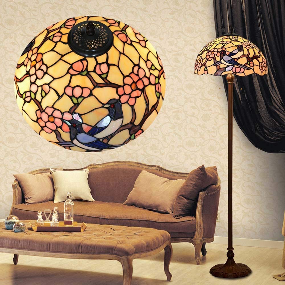 IUokLU 16 inch Tiffany-style Floor Lamp,Stained Glass Shade Floor Lights with Pull Chain,2 Light Vintage Decoration Floor Uplighter/Bedroom/Office, E27 (A)
