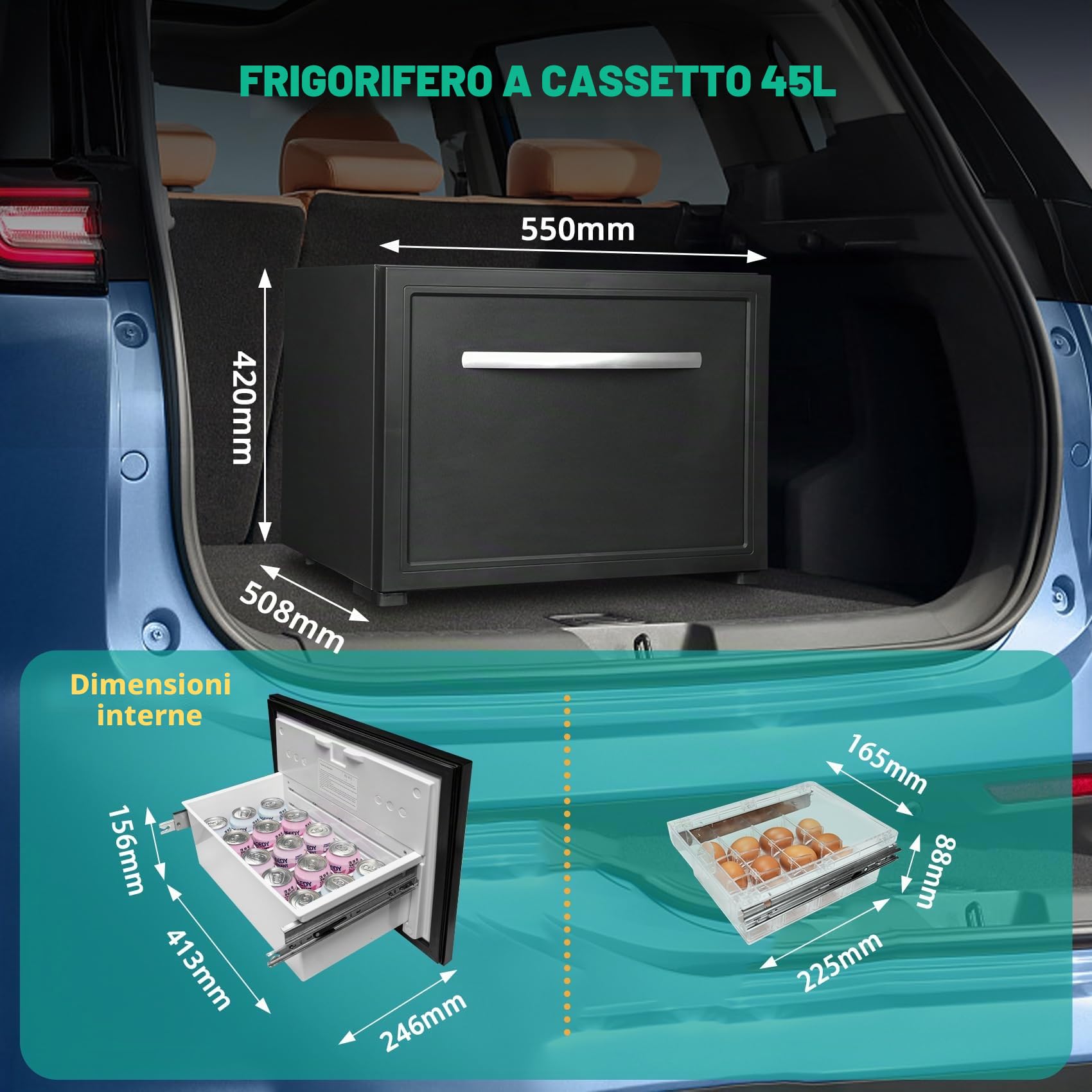 SMETA Frigo Auto 45L Frigo 12V/220V Frigorifero Camper con doppio cassetto per Casa Mobile, Roulotte Casa, Viaggio Silenzioso