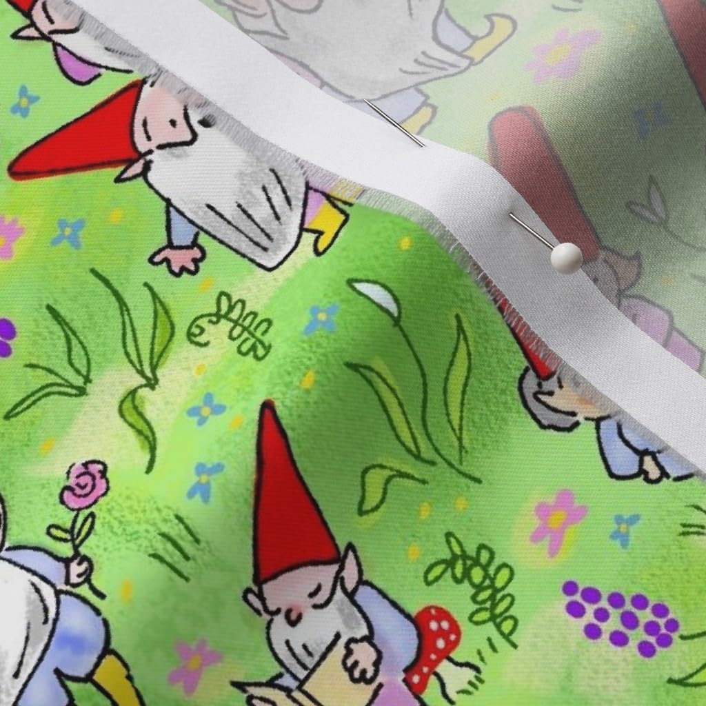 Spoonflower Fabric - Spring Gnomes Flower Rabbits Mice Red Green Fairy Tale Printed on Organic Cotton Sateen Fabric by The Yard - Sewing Quilting Apparel Home Decor