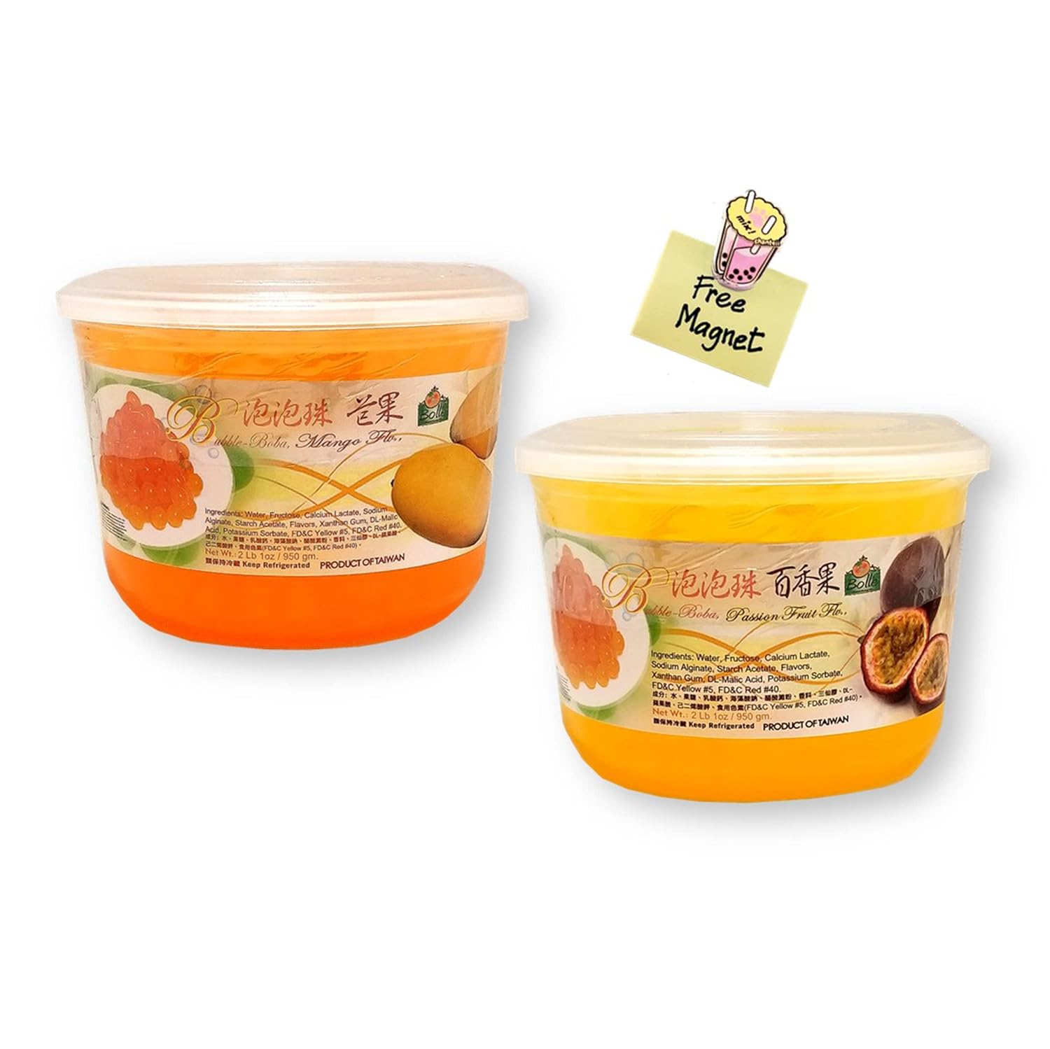 Combo Set Bolle Popping Boba Pearls 33.5 Oz. (2 lbs. 1 oz) Each with 1 Bonus Bonus Gift (Mango & Passion Fruit)