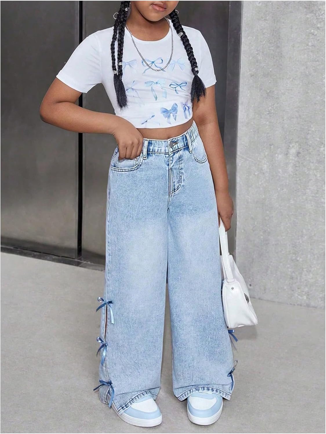 Milumia Girl's Bow Knot Baggy Jeans Y2k Wide Leg Loose Casual Denim Pants with Pockets
