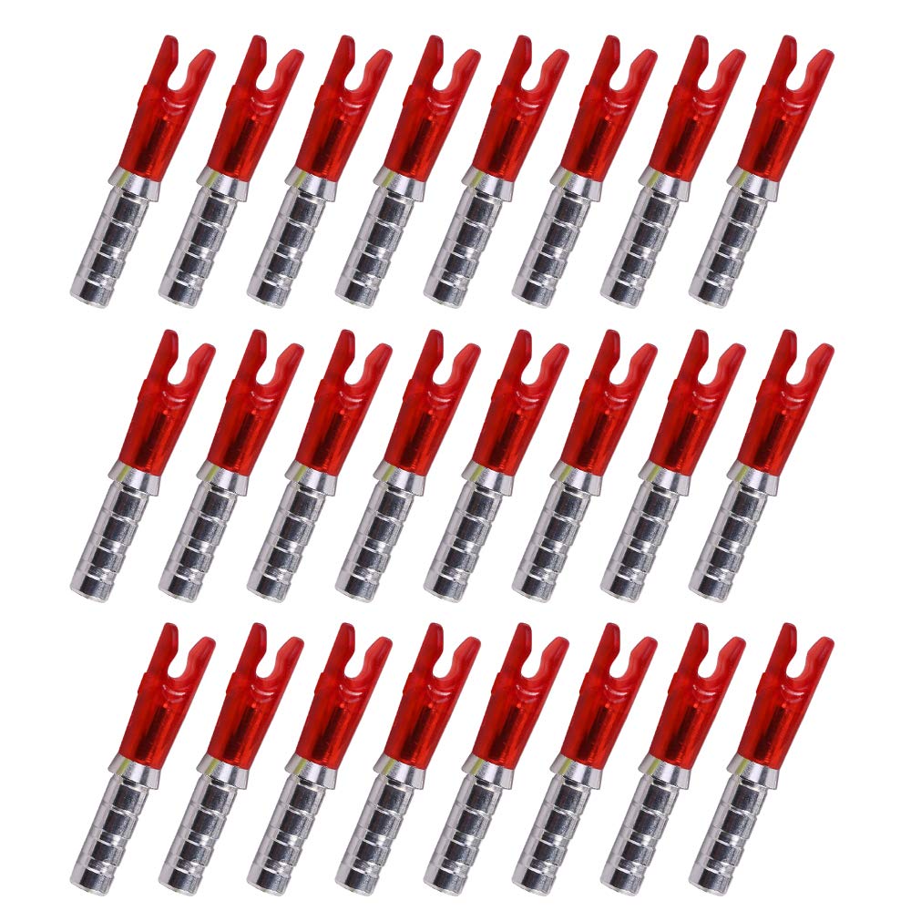 BICASTER 24pcs Archery Aluminum Pins + PC Pin Out Nocks for ID 4.2mm Shaft (Red Transparent)