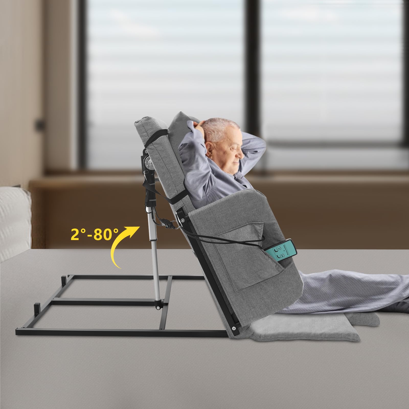 Respaldo de cama eléctrico ajustable, 120 x 73 cm, mando a distancia con cable, ángulo de elevación 2-80°, 300 kg, con pasamanos fijo, para personas mayores con discapacidad