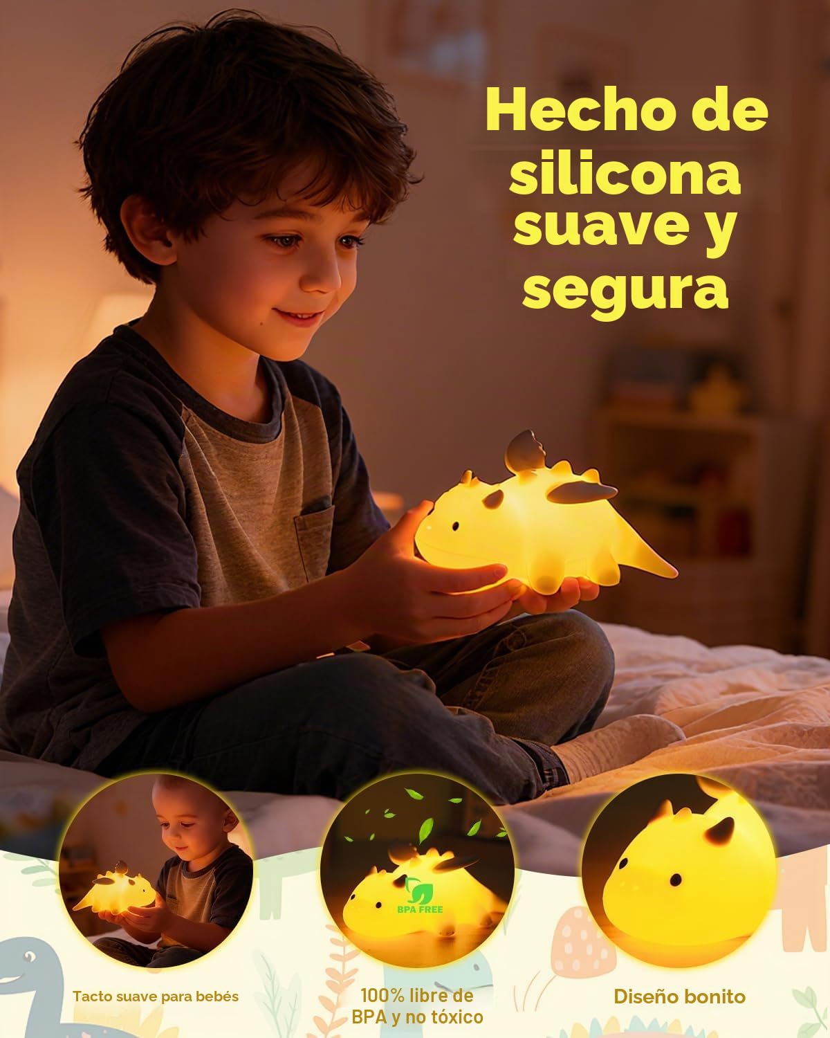 Luz Nocturna Infantil, Luz Nocturna Infantil Control Táctil, 3 Ajustes Regulables, 7 Colores Cambiantes, Recargable Lampara Bebe Noche para Habitación los Niños
