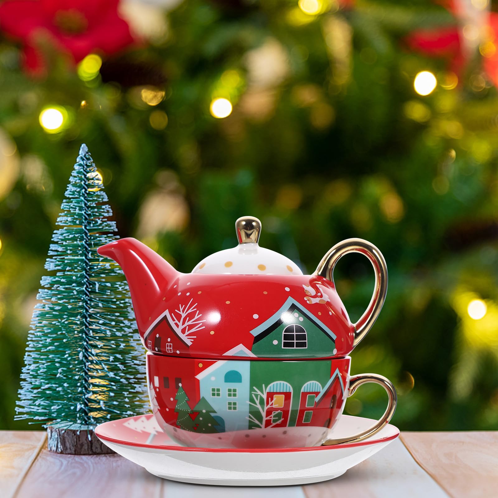 Hemobllo Juego de Té Navideño de Cerámica Tetera, Taza y Plato