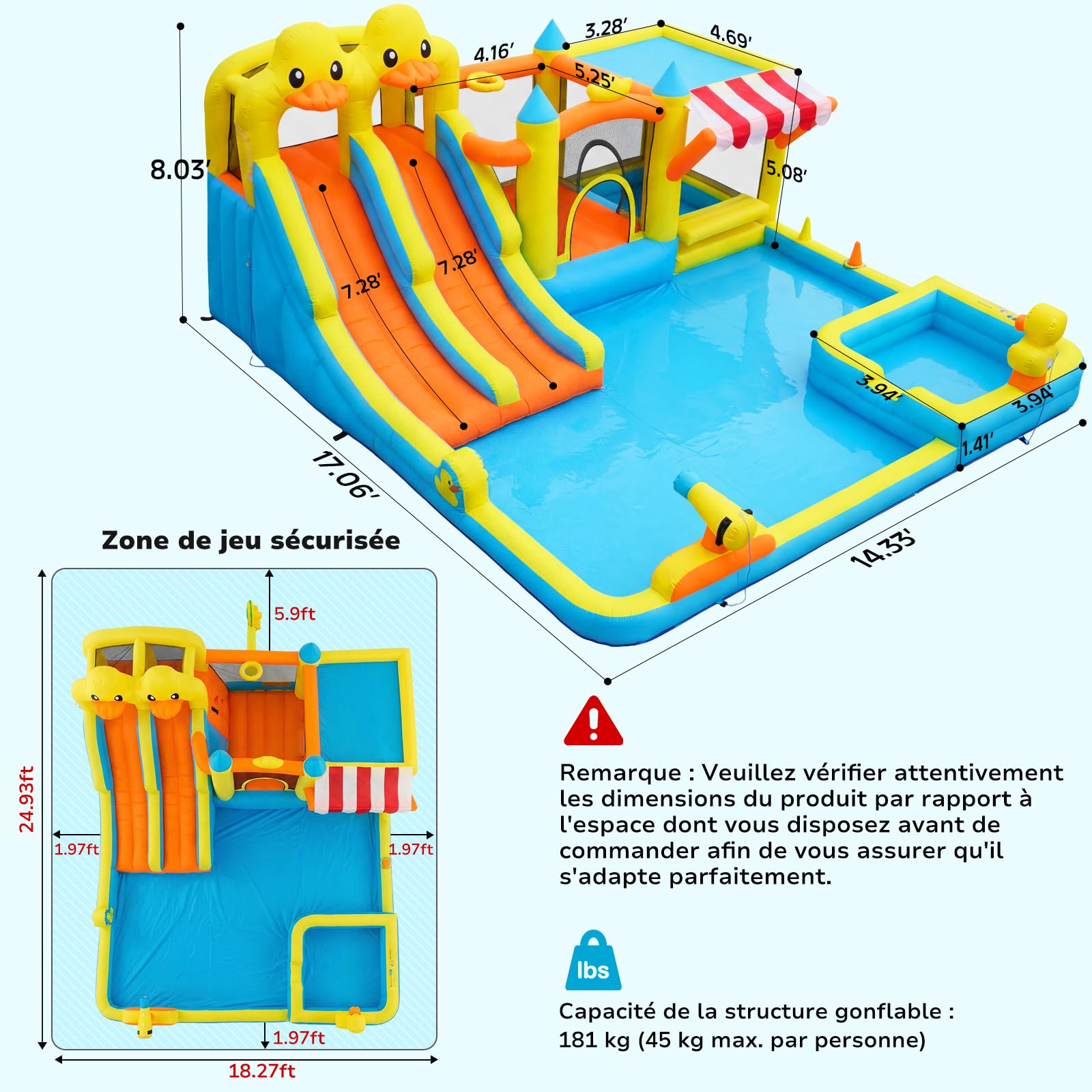 Hapfan Château Gonflable 11-en-1 avec Double Toboggan Aquatique – Piscine, Pistolet à Eau, Mur d’Escalade & Panier de Basket pour Les Plus Grands –520 * 445 * 245cm, Idéal pour Une fête de Jardin