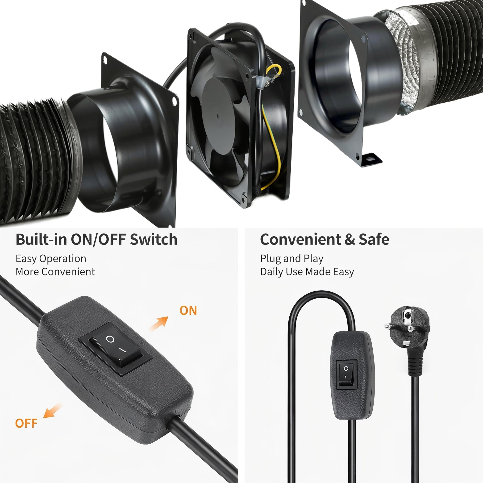 Osiowy wentylator rurowy Ø 100 mm, z włącznikiem/wyłącznikiem, wąż kanałowy 2 m, do garażu, biura, namiotu uprawowego