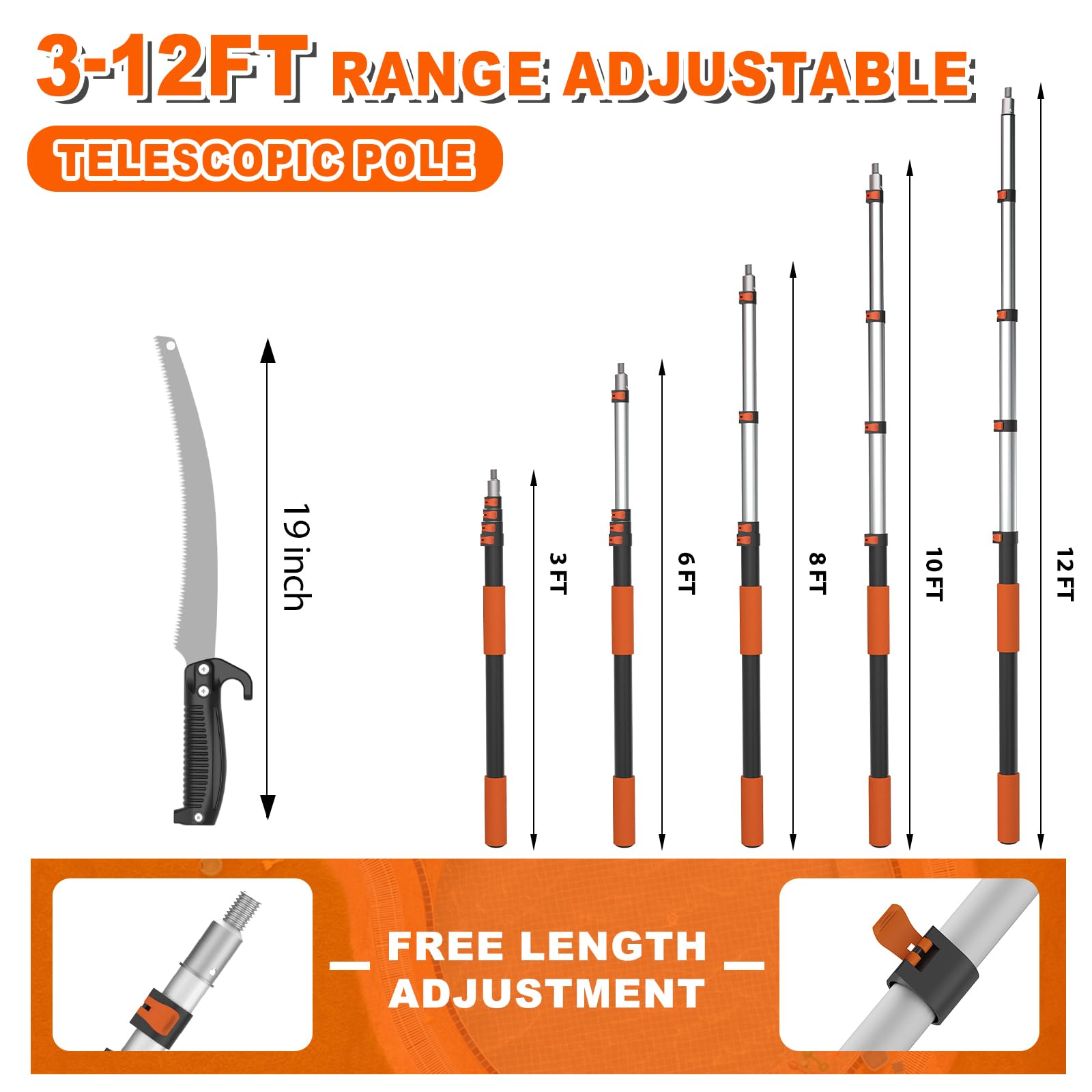 SISUPASSIE Sierra de poste de alcance de 20 pies para podar árboles, podadora telescópica extensible con poste de extensión de 3 a 12 pies, sierra manual para jardín, patios, patio