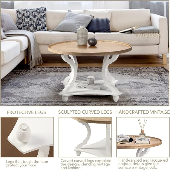 Wnutrees Farmhouse Round Coffee Table, Wood Tray Top with Storage Shelf