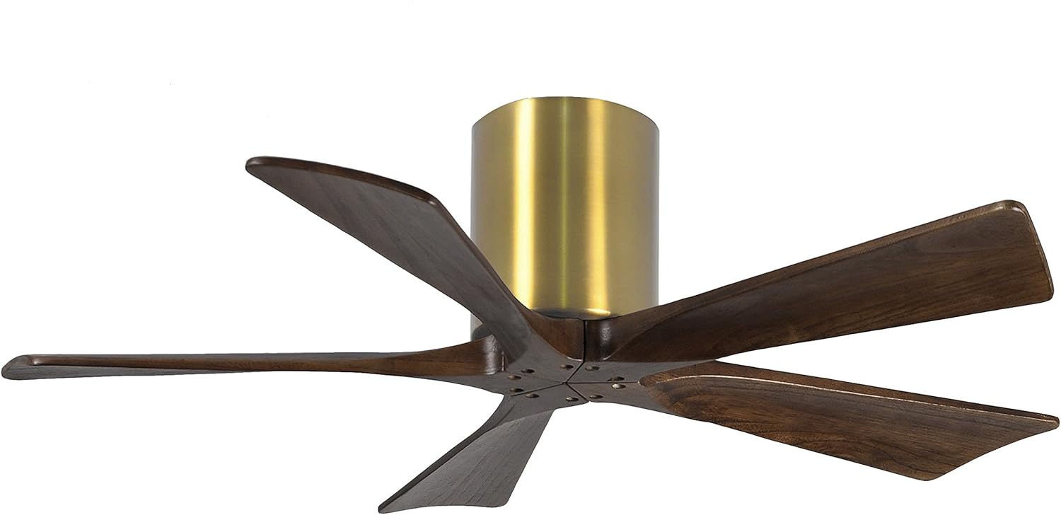 Matthews IR5H-BRBR-WA-42 Irene Damp Rated 42" Flush Mount Ceiling Fan with Remote & Wall Control, Silent DC Motor, 5 Walnut Tone Solid Wood Blades, Brushed Brass
