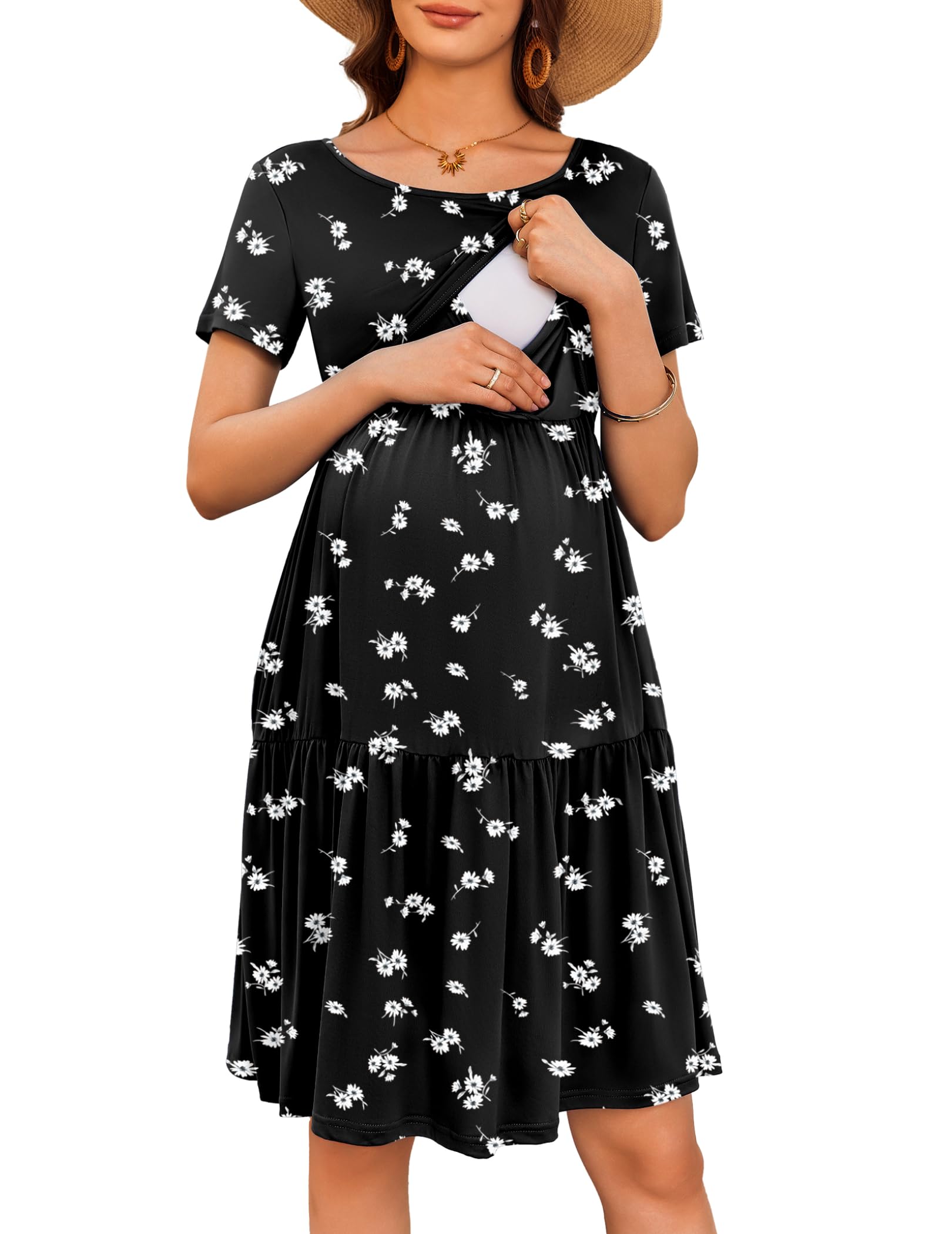Nursing Dress Summer Short Sleeve Breastfeeding Casual Knee Length Maternity Dresses S-XXL