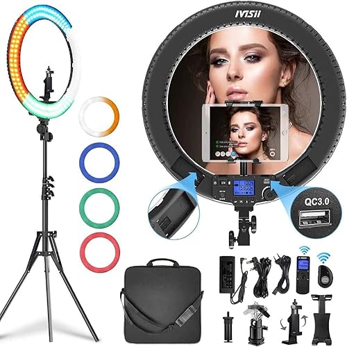 Anillo de luz de 19 pulgadas con control remoto y soporte para iPad, 60 W bicolor con 4 filtros suaves de color para transmisión en