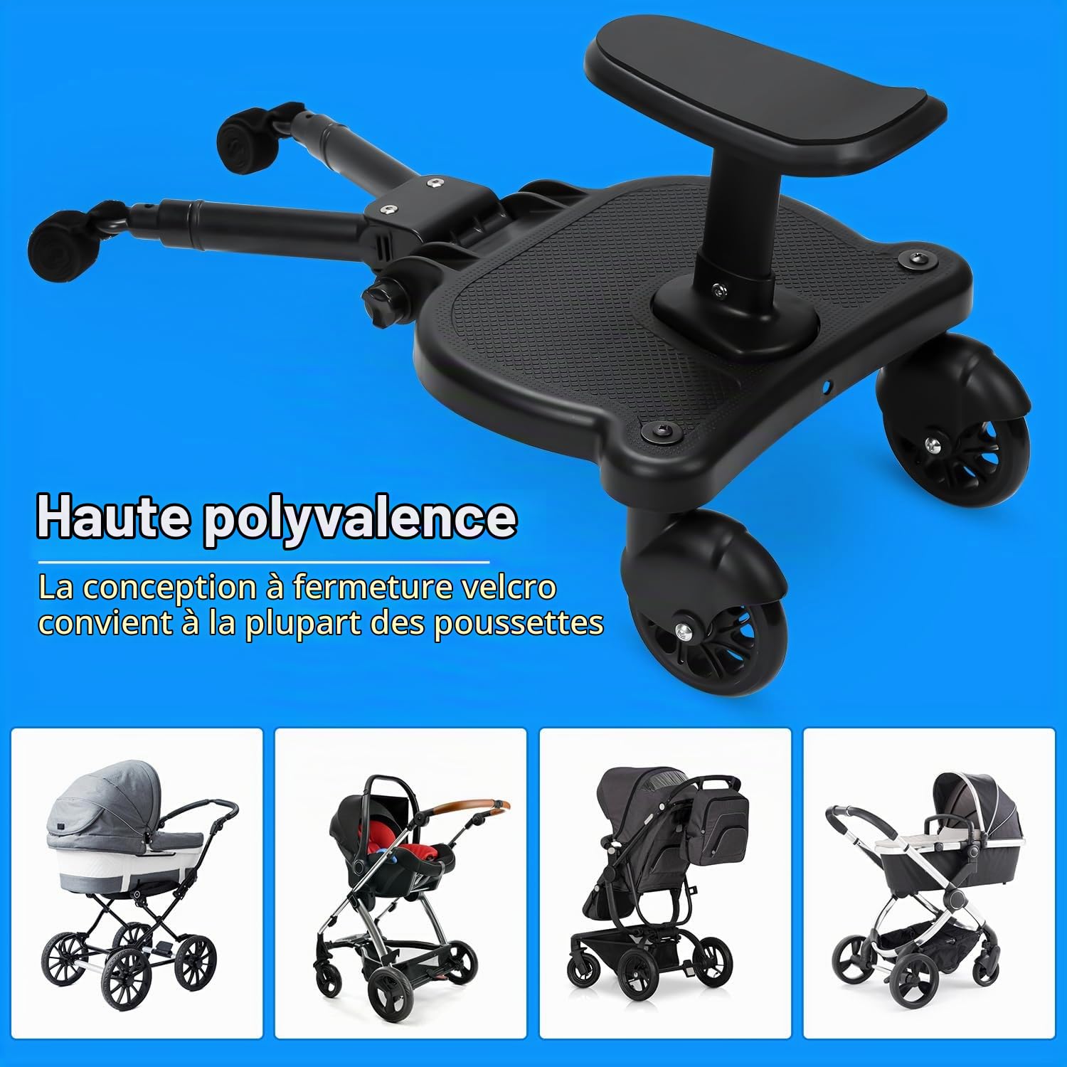 Planche de poussette avec siège, Kiddy Board pour poussette, marchepied universel avec siège amovible, double roue à 360 degrés, réglable, jusqu'à 25 kg, noir
