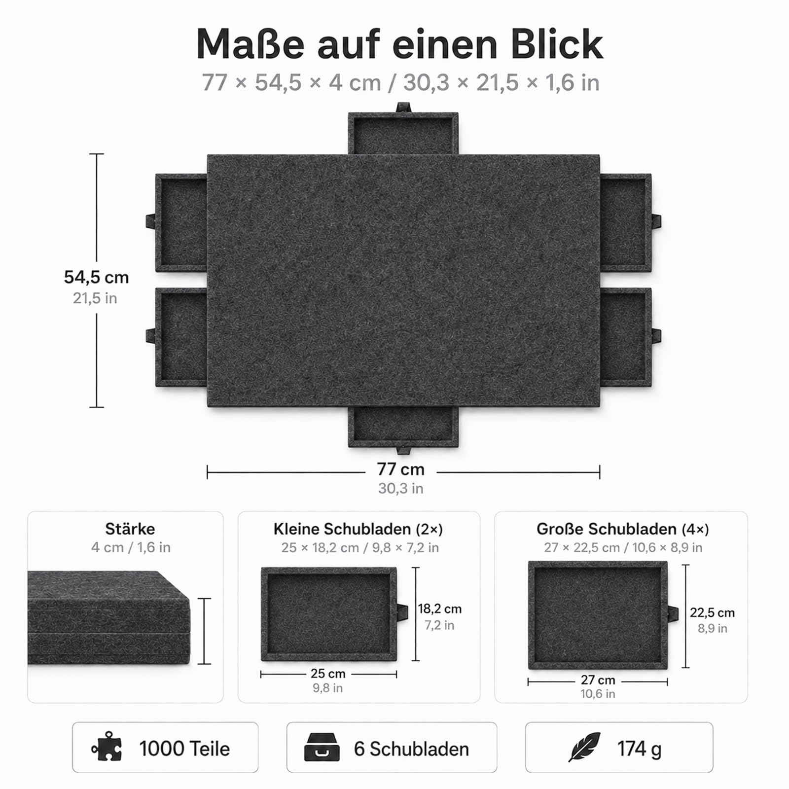 Filz Puzzlebrett Mit 6 Schubladen mit 2-in-1-Ständer und Abdeckung, Faltbarer Puzzletisch für Erwachsene, Tragbare Puzzlebrett für Puzzle bis 1000(Modell mit Schubladen Schwarz)