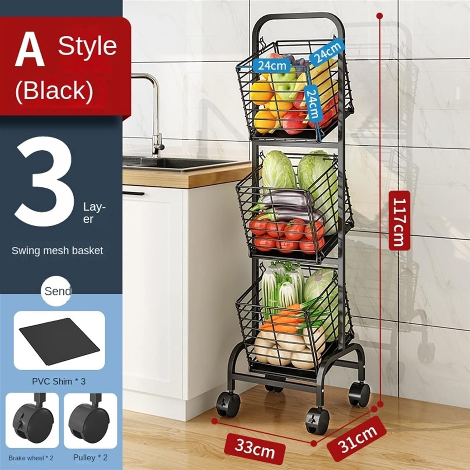 Kitchen Storage Cabinets Kitchen Storage Rack Vegetable Rack Multi-Layer Movable Storage Basket Sorting Sundries Snack Basket Detachable Home Organizer Kitchen Shelves