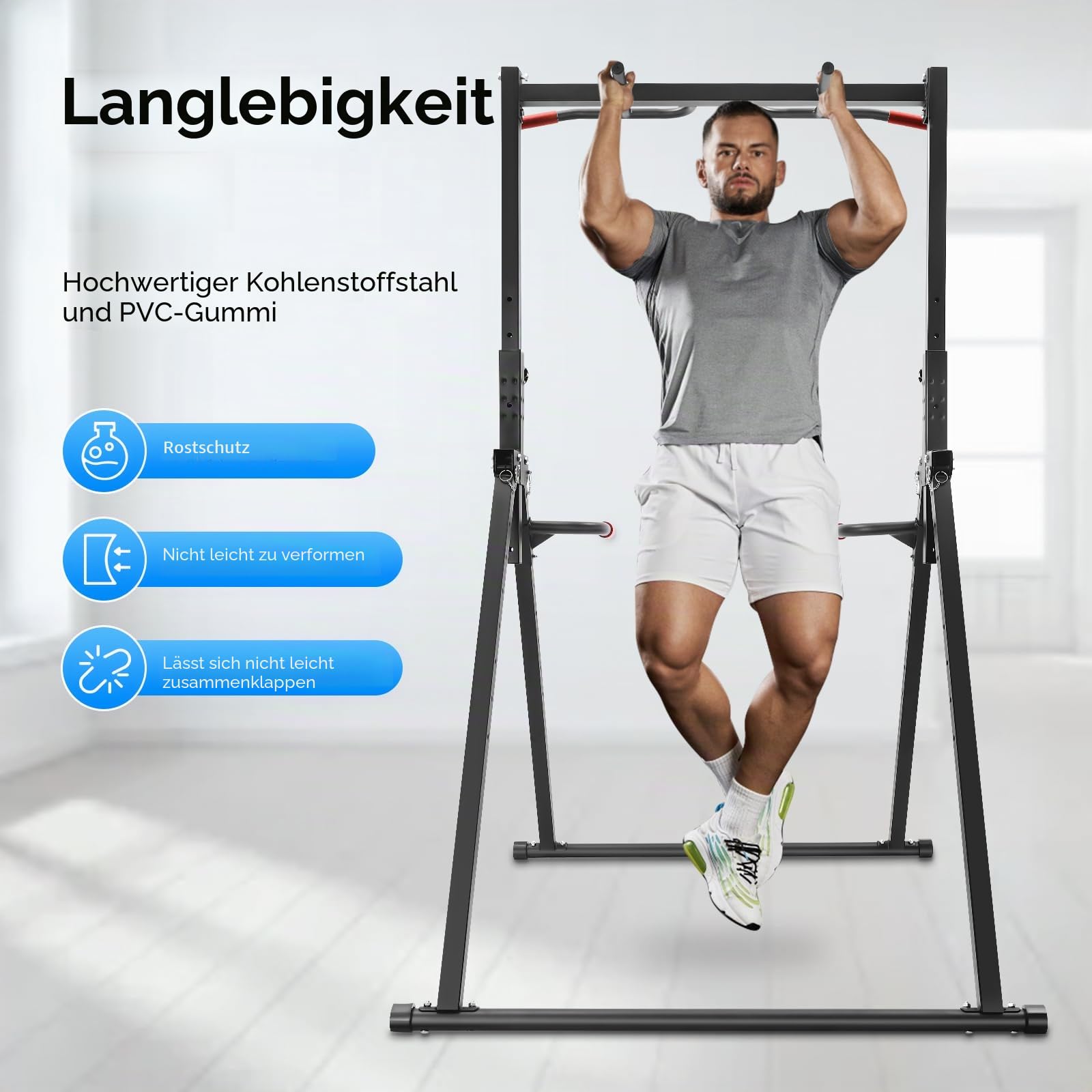 Power Tower Dip Station Faltbar & Höhenverstellbar - Freistehende Klimmzugstange bis 200kg - Multifunktionales Home Gym Krafttraining für Zuhause, Fitnessstudio & Sportzentren
