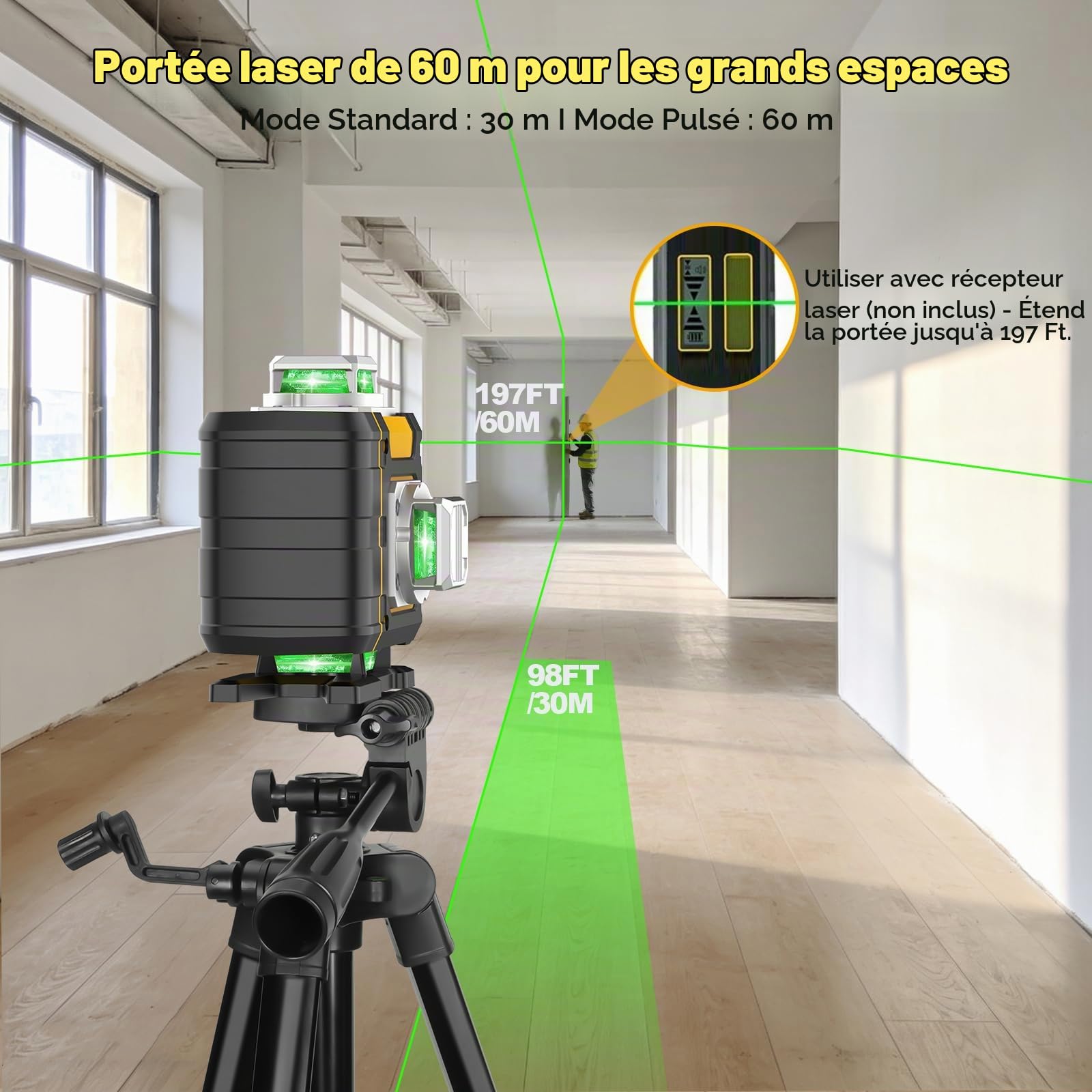 Niveau Laser Chantier Autonivelant avec Trépied, 4 x 360° Lazer Niveaux 4D 16 Lignes Laser, Autonivellement et Mode Pulsé Extérieur, 2 x Batterie, Nivellement Automatique, Support Rotatif
