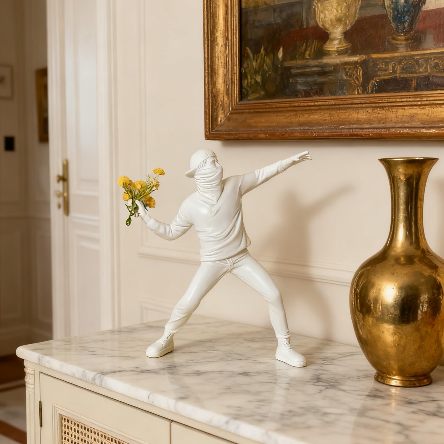 Scultura Figura Banksy,Decorazioni per Ufficio,Figura Decorative, Statuette Decorative Casa, Soggiorno Decorativo Moderno da Appoggiare, Scultura Astratta in Poliresina, Idea Regalo(Bianco)