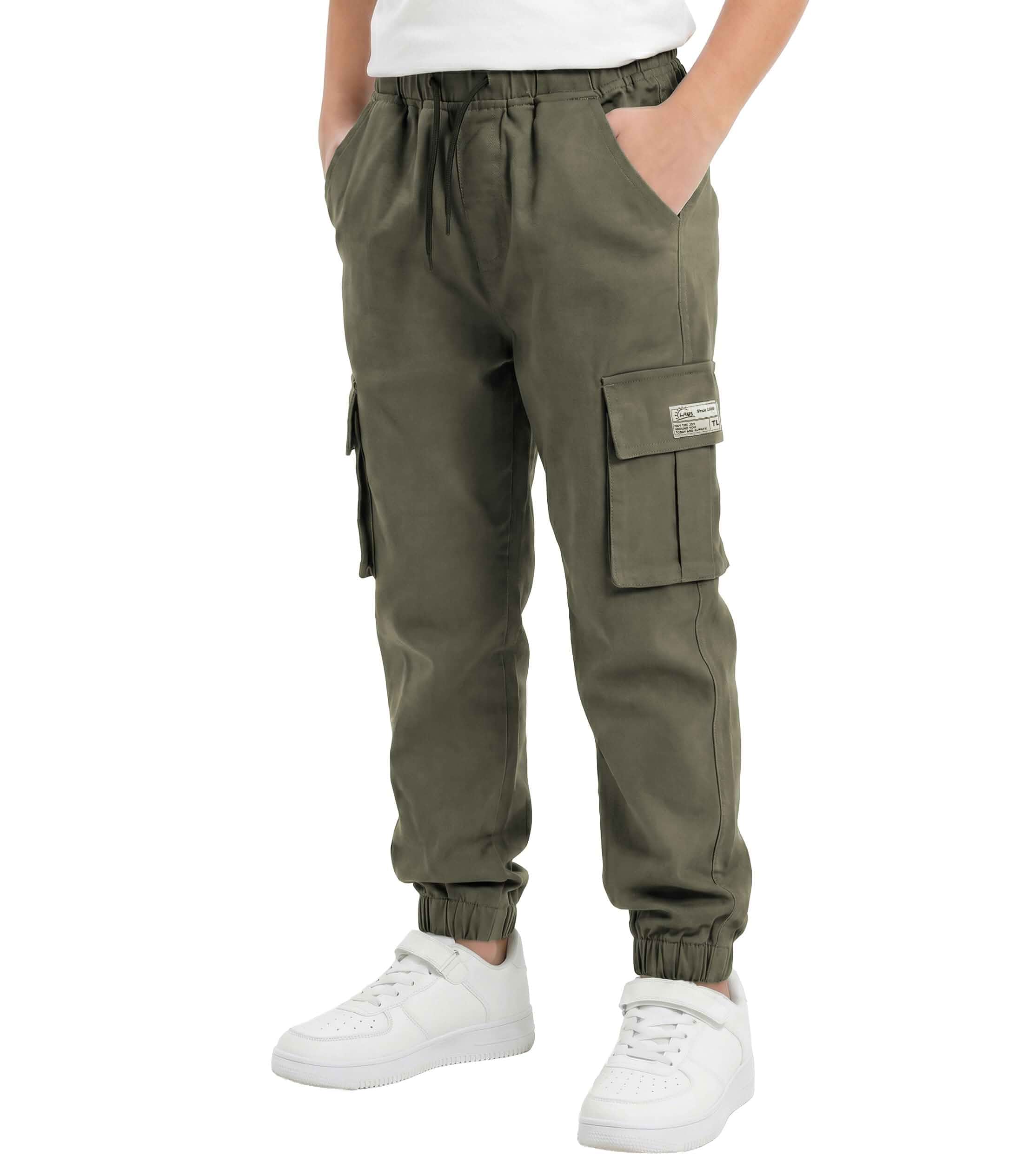 TLAENSON Boys Cargo Pants Cotton Elastic Waist Casual Jogger 6-16 Years Durable Cotton Twill, 6 Multiple Pockets, Camo and Solid Style, Elastic Waistband, Outdoor Activities, School & Casual Wear