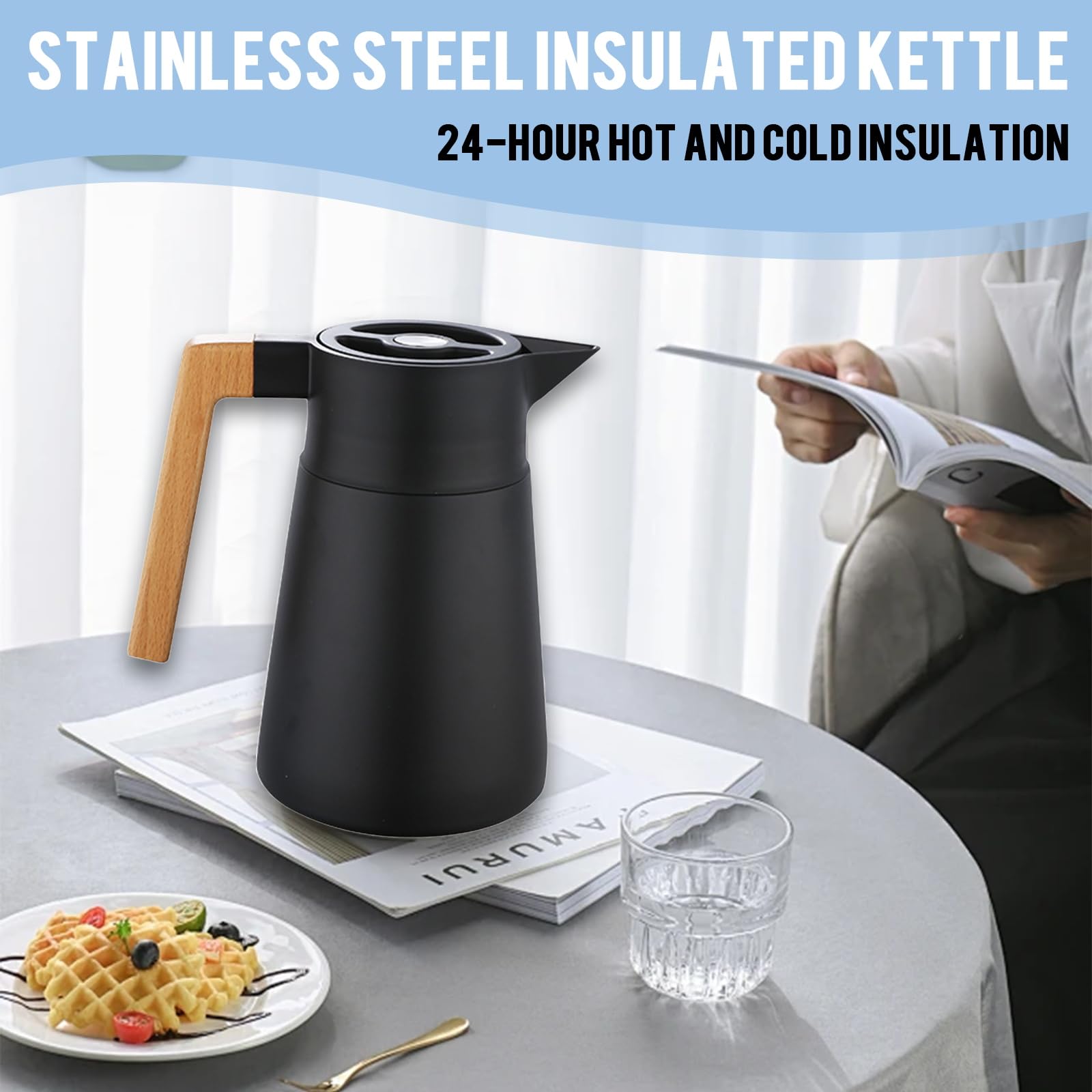 Caraffa Termica Per Caffè Brocca Sotto Vuoto Isolata, Acciaio Inossidabile 18/10, Con Manico In Legno, Per Tè Caldo E Freddo Caffè, Per Home Office Hotel (Nero,1.5L)