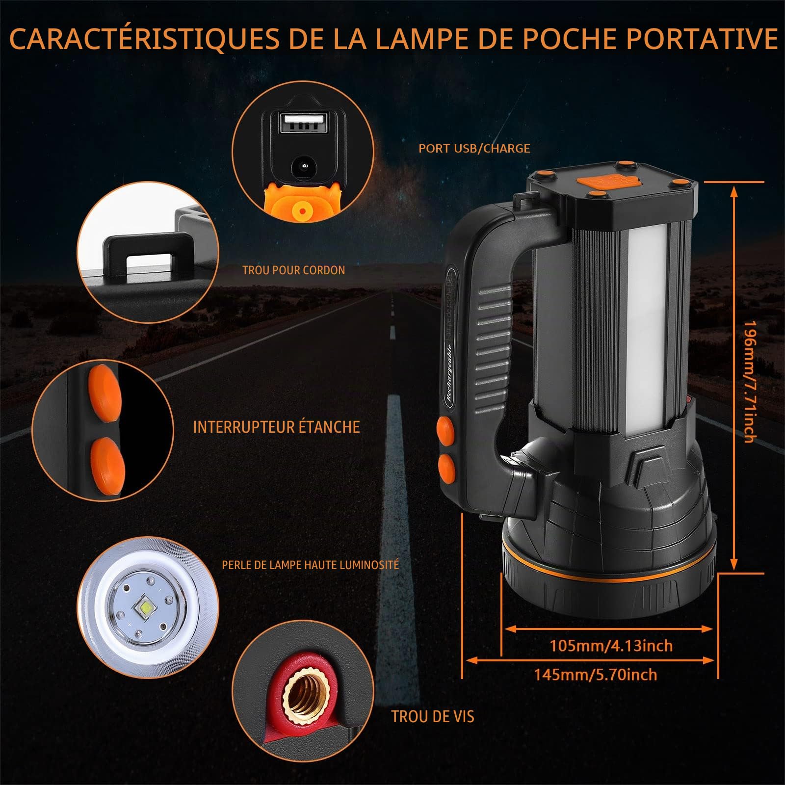 Lampe torche rechargeable Af-Wan portable puissante à LED super lumineuse 9000 mAh 7000 lumens avec lumière latérale Étanche charge USB Charge téléphone