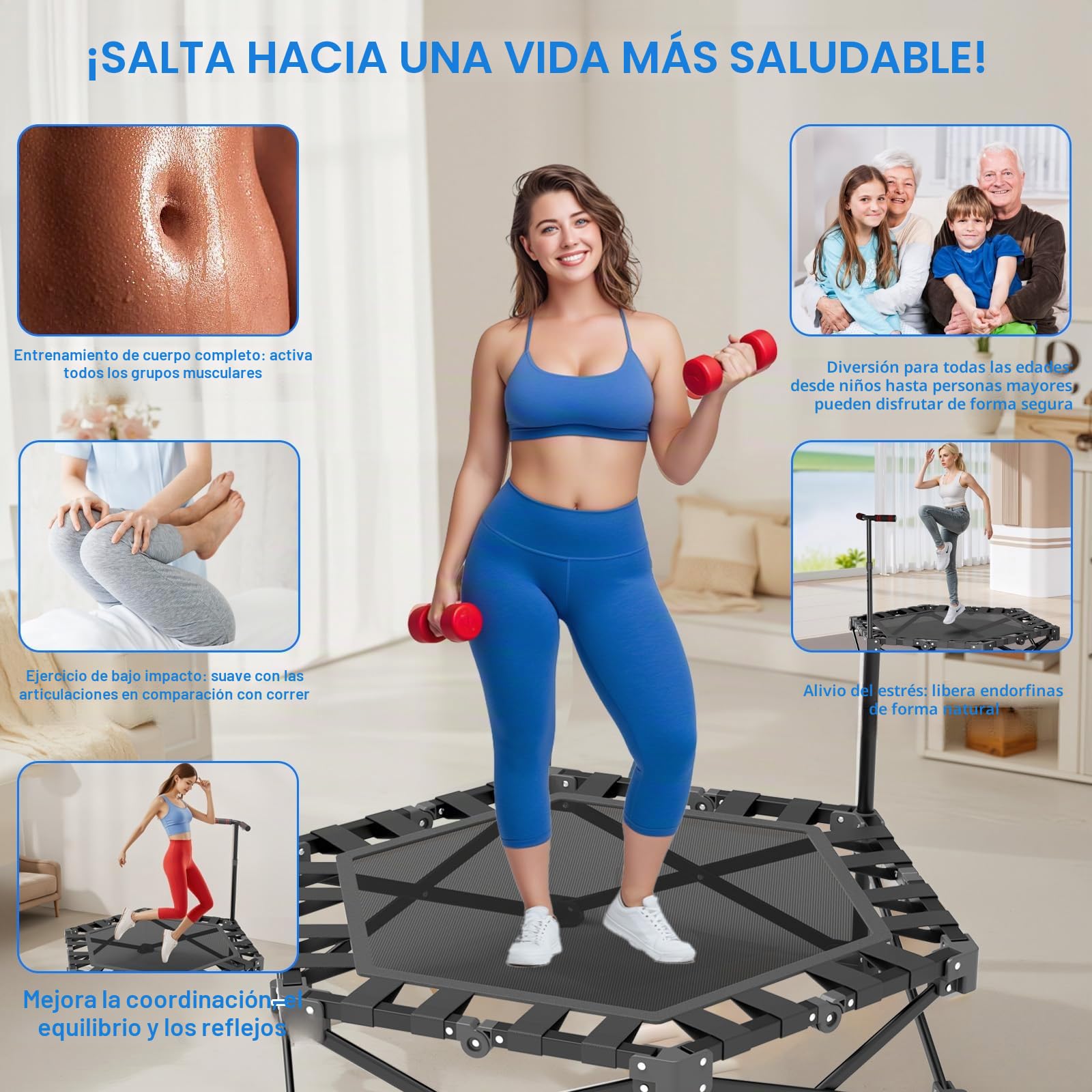 Trampolin de Fitness Plegable, Mini Cama Elastica para Interior 106 cm con Barra Ajustable en 3 Alturas, Estructura en X Extra Resistente Soporte Máximo 275 kg