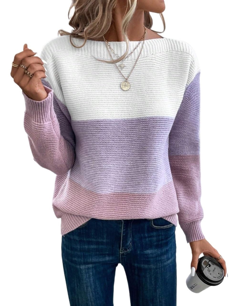 Womens Pullover Sweater Colorblock Drop Shoulder Sweater Long Sleeve Tops Knit Pullover