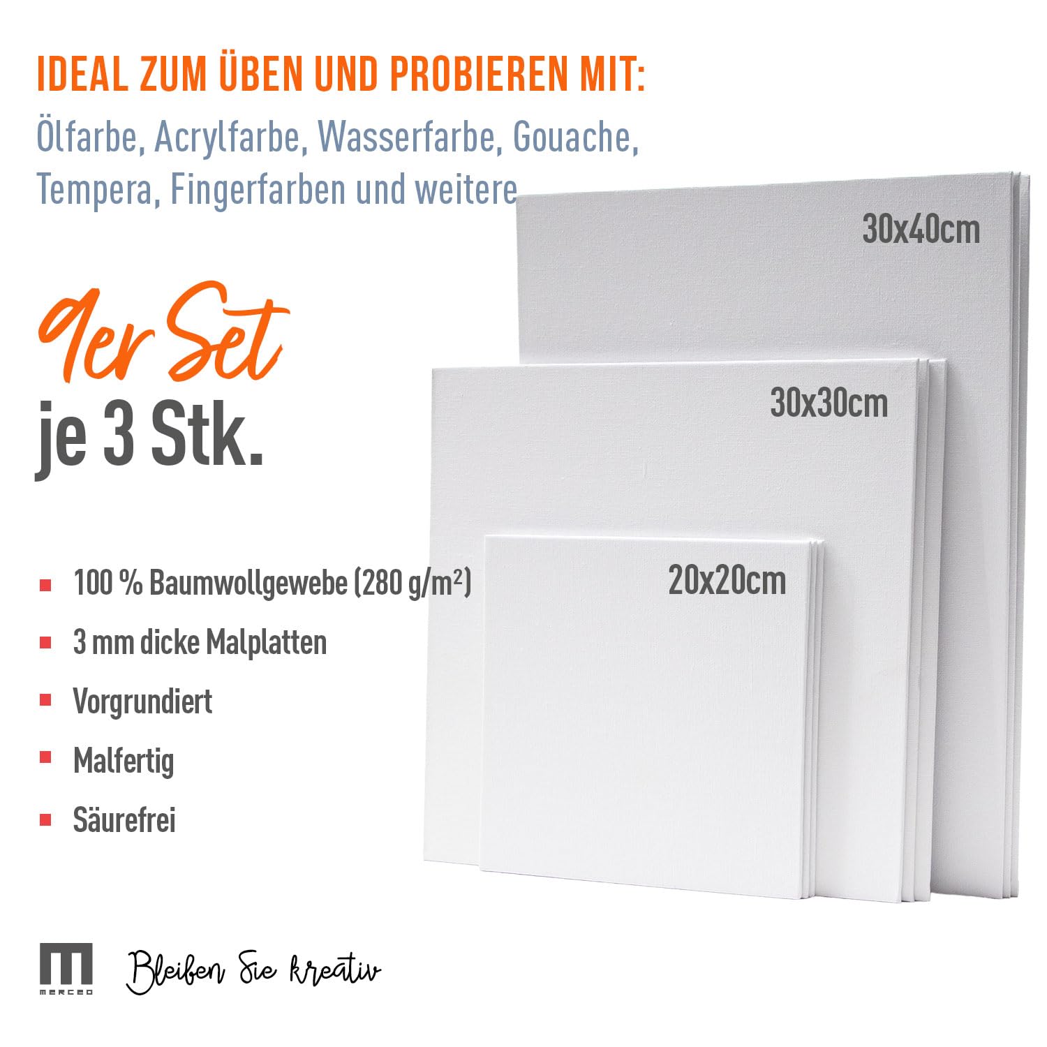 Set di 9 cartoncini per artisti, da dipingere, da 3 pezzi, 20 x 20 cm, 30 x 30 cm e 30 x 40 cm, tela pre-primerizzata in 100% cotone, lavorata in cartone mall, 2 strati di colore bianco