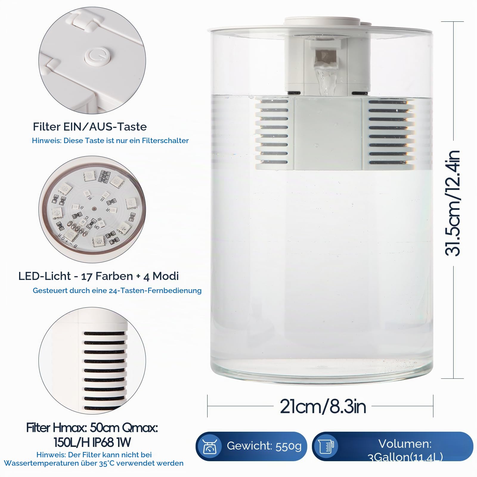 Aquarium mit Filter und LED-Beleuchtung, mehrfarbig, 11 l/3 Gallonen, komplettes Fischglas, kleines Aquarium 360 ° Fish Tank für kleine Fische und Fische, Betta, Büro und Geschenke