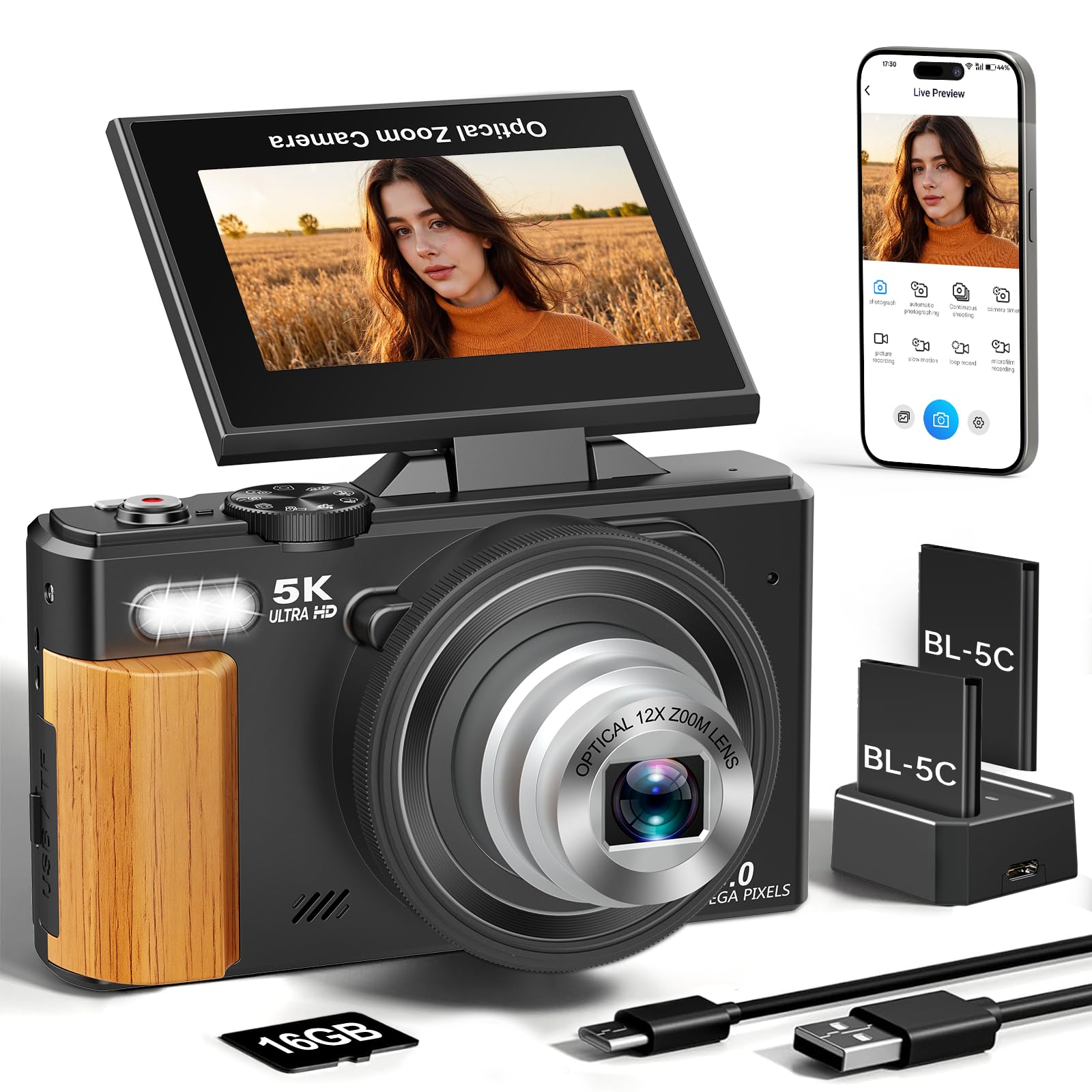5K Digital Camera for Photography,80MP Vlogging Camera for YouTube | 3" 180° Flip Screen,…