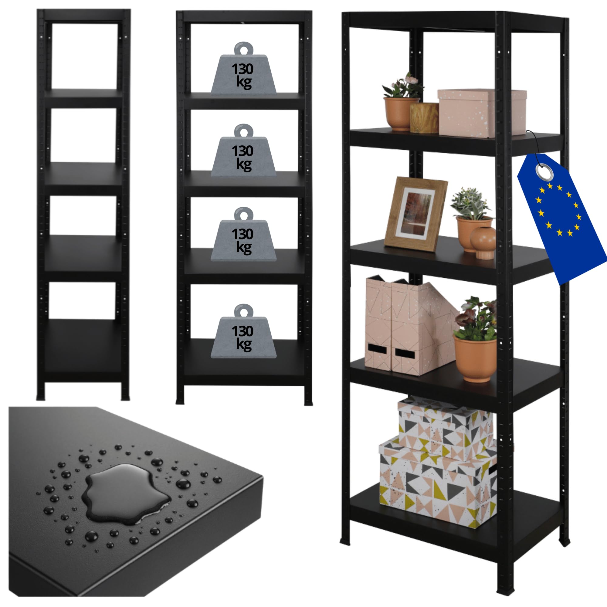 Schwerlastregal Metall Elara, 180x60x40 cm, Schwarz, 5 Böden je 130 kg Traglast, Lagerregal Stecksystem ohne Schrauben, Steckregal Werkstattregal Kellerregal Garagenregal für Lager Küche Büro