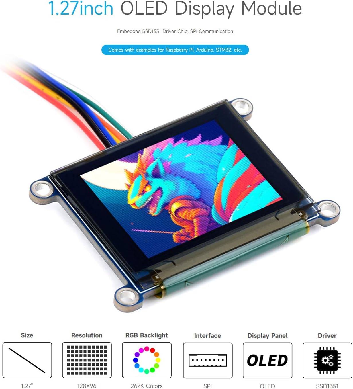 Waveshare 1.27inch RGB OLED Display Module, 128×96 Resolution, 262K Colors, SPI Interface