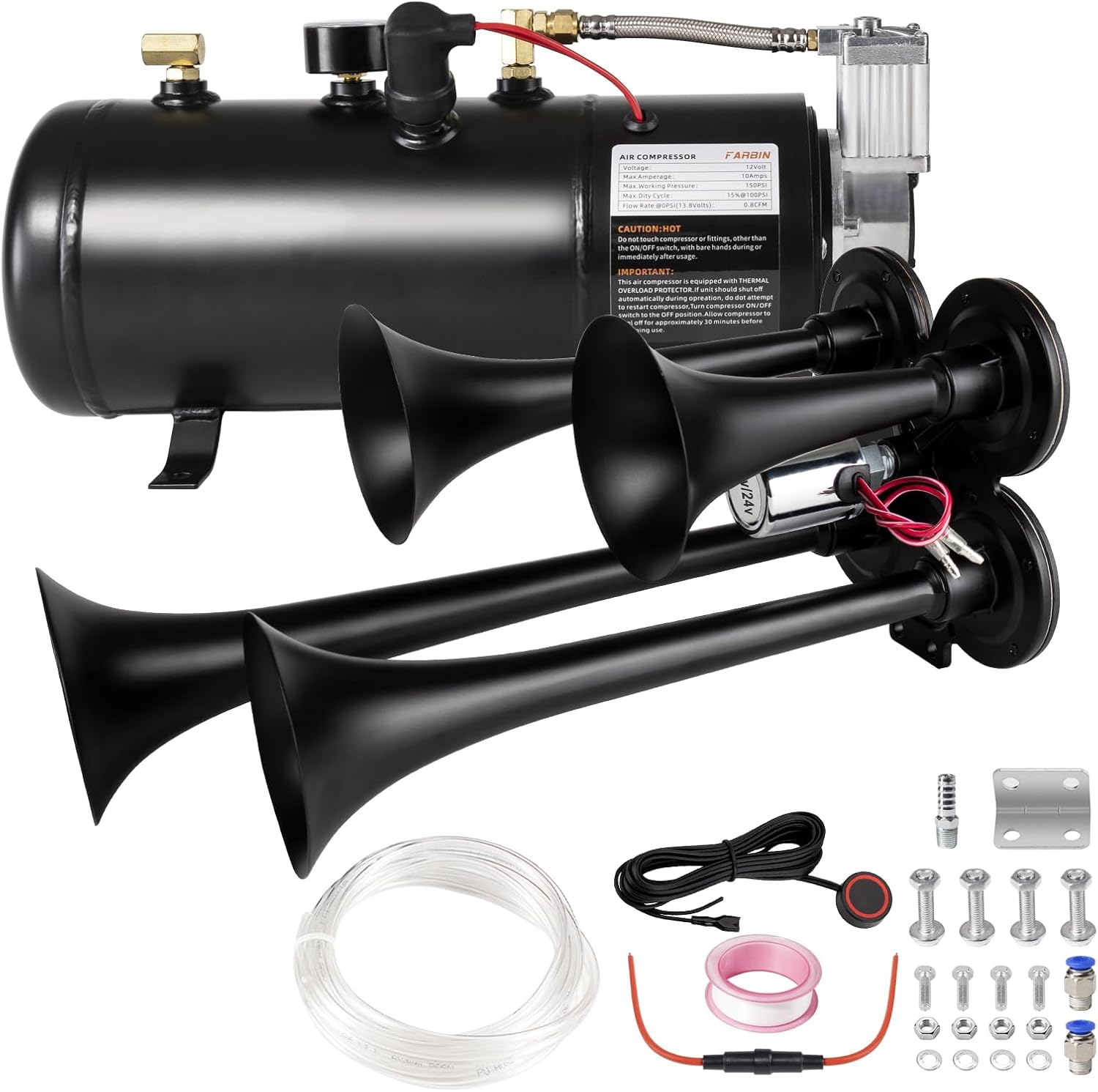 180db Air horn with 0.8 gallon Air Compressor, Super loud train horn kit with 150 PSI Air Tank for Truck, Jeep,Pickup,SUV (Black truck horn kit) 0.8 Gal Black truck horn kit