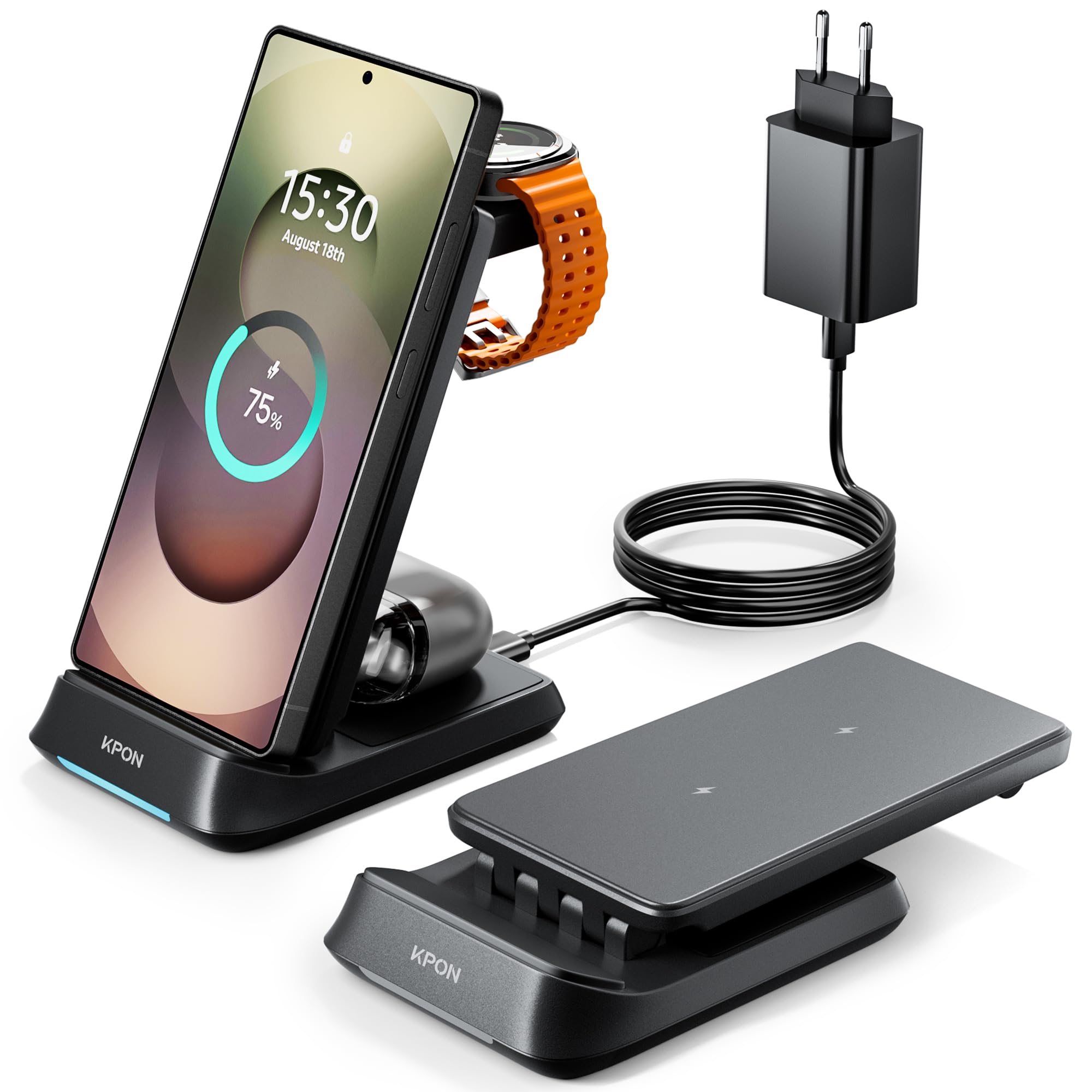 KPON 3 in 1 Ladestation für Samsung Watch und Handy, Faltbar Induktive Ladegerät für Samsung S26/S25/S24/S23/S22/Z Flip/Fold7/FE, Wireless Charger für Galaxy Watch Ultra/8/7/6/5/4, Galaxy Buds-schwarz