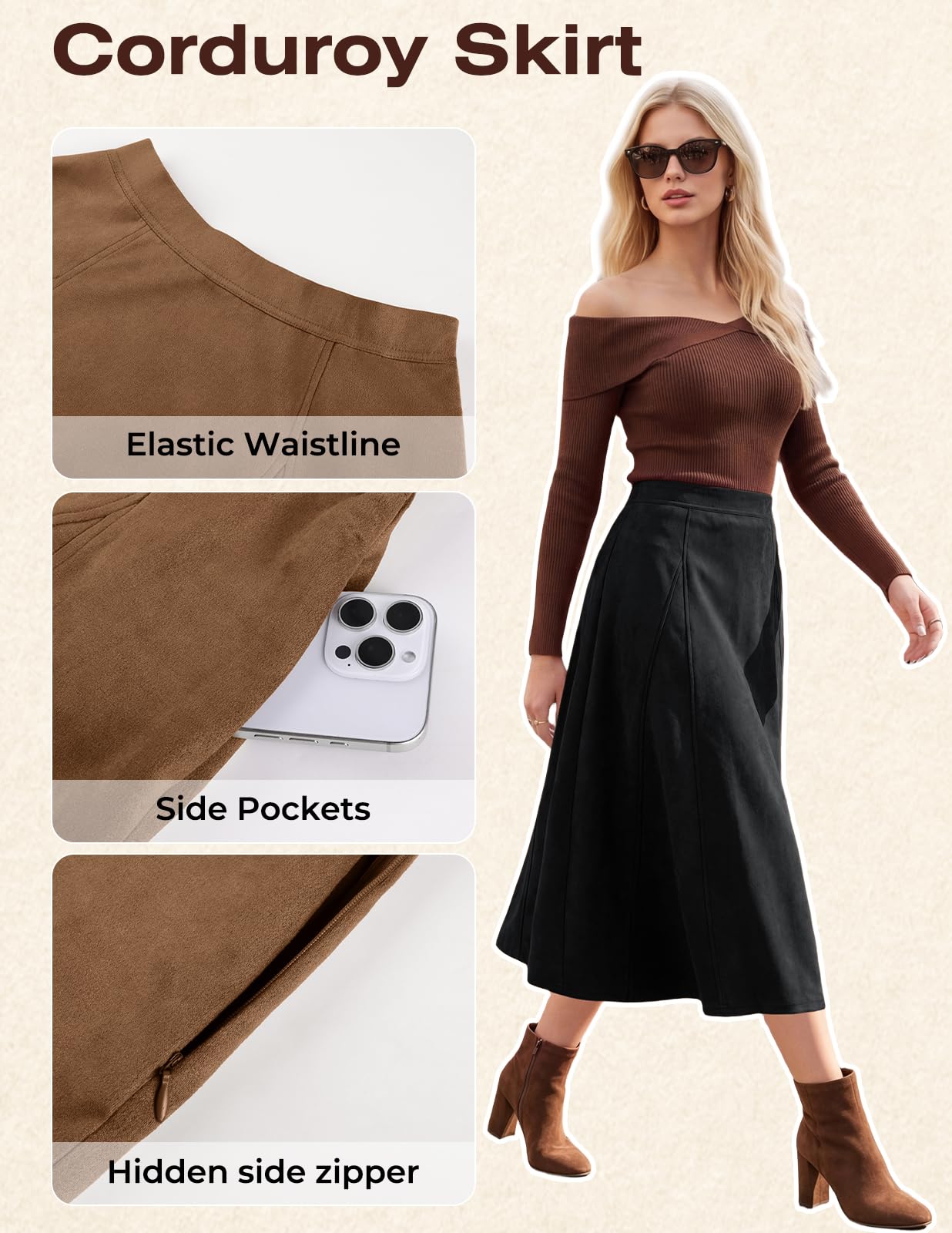 Kate Kasin Damen Wildleder Midirock Hohe Taille A-Linie Rock mit Taschen