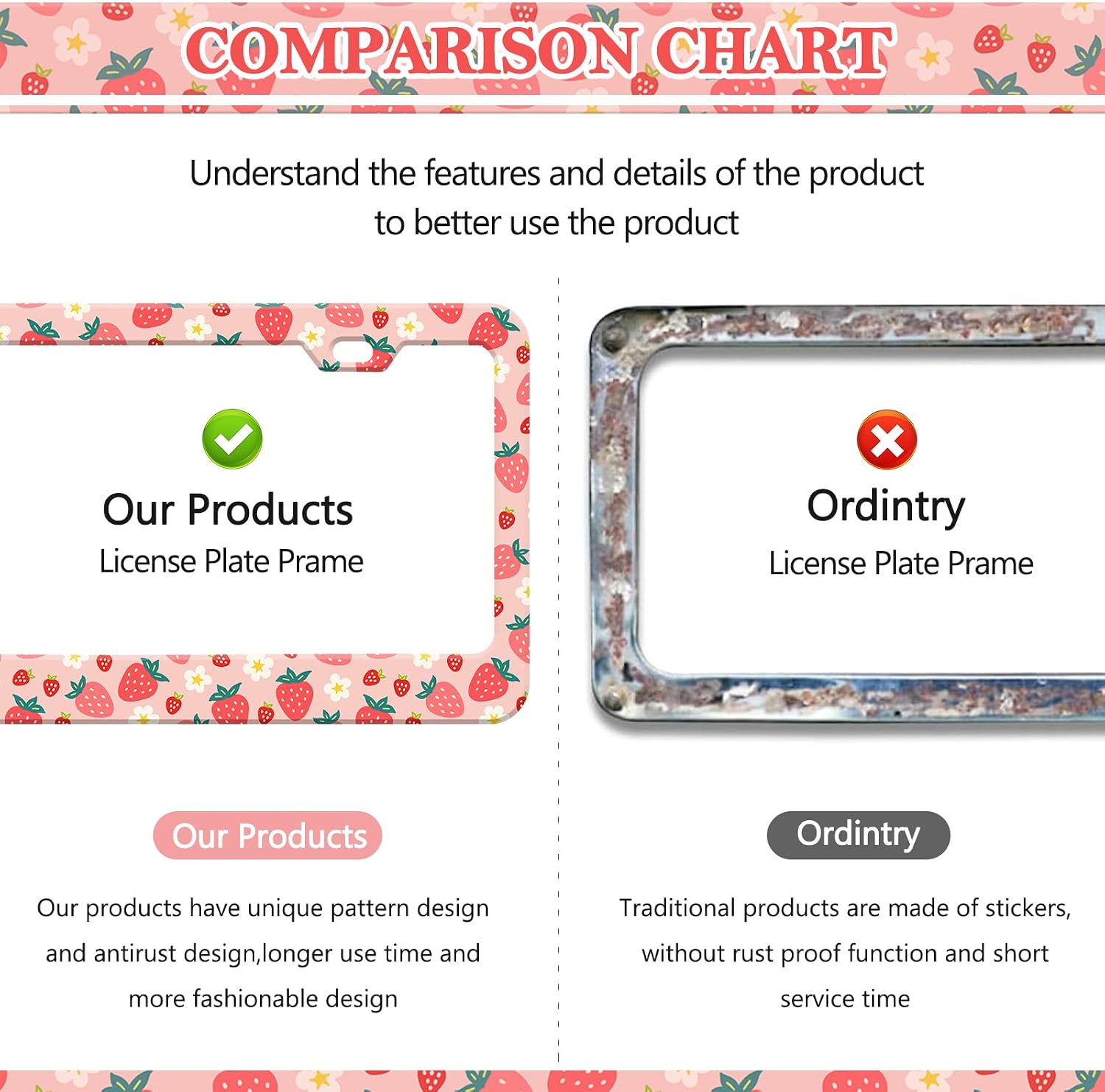 HCSS Cute Strawberry License Plate Frame Pink Fruit Plate Frame Holder Universal Aluminum Metal Auto Parts Rust-Proof Waterproof Car Decorative Tag Frame for Standard US 12x6 Inch image 4