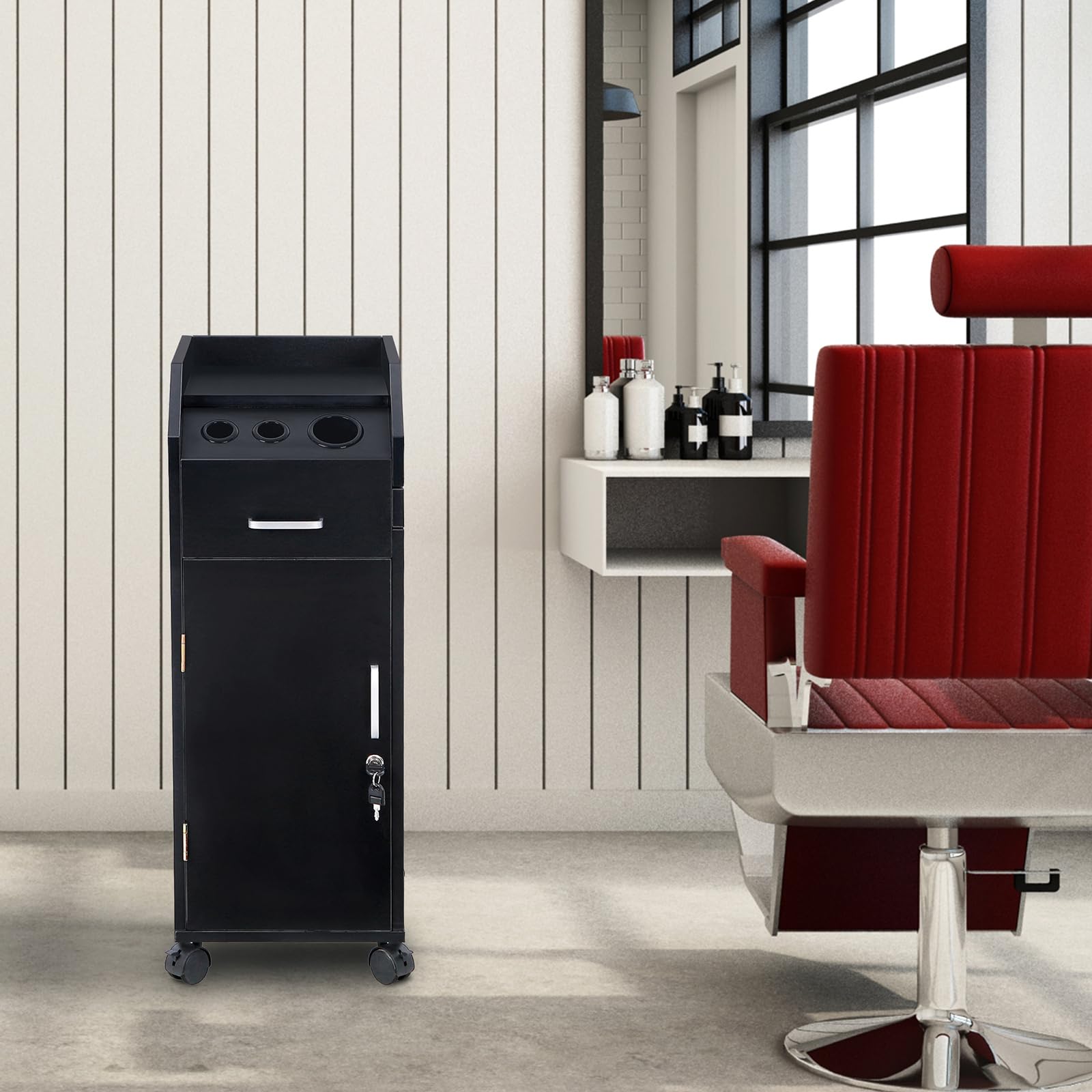 SSLine Modern Salon Trolley Storage Cart with Wheels Black Rolling Salon Sation for Hair Stylist Barber Shop Beauty Spa Locking Tool Cart Styling Cabinet with 4 Drawers & 3 Tool Insert Holes