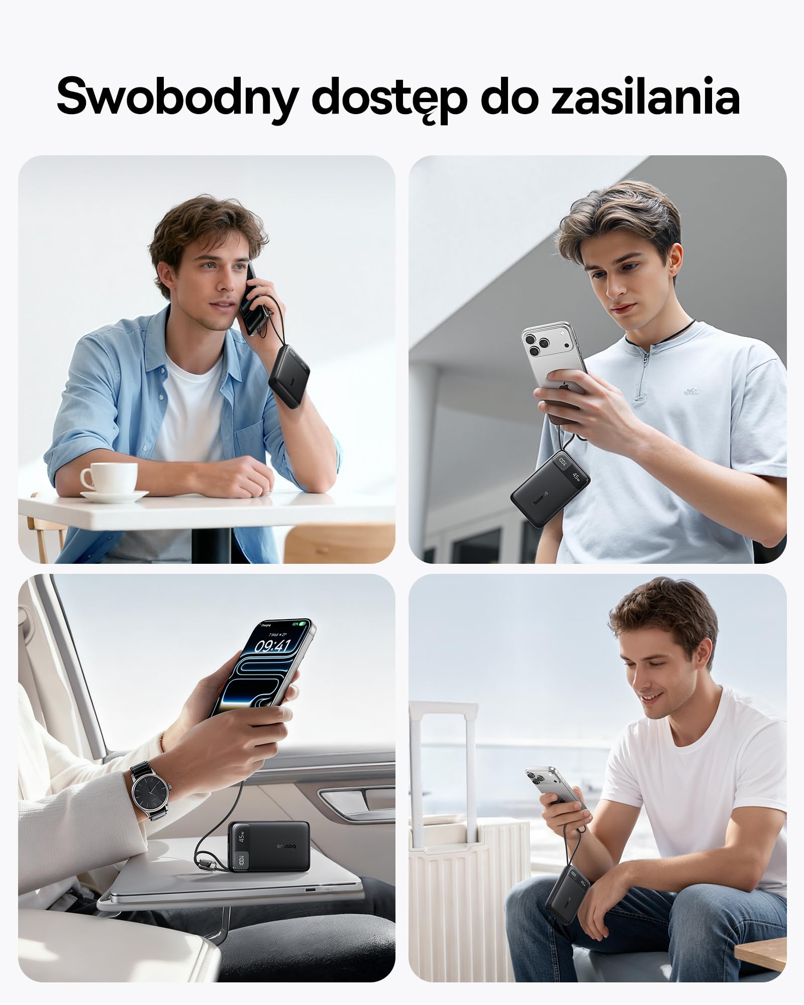 Baseus FC11 Power Bank, przenośna ładowarka 20000 mAh z podwójnym wbudowanym kablem, kompaktowy akumulator 45 W, chowany kabel, inteligentny wyświetlacz, do iPhone'a Air/17/16, iPada, laptopa